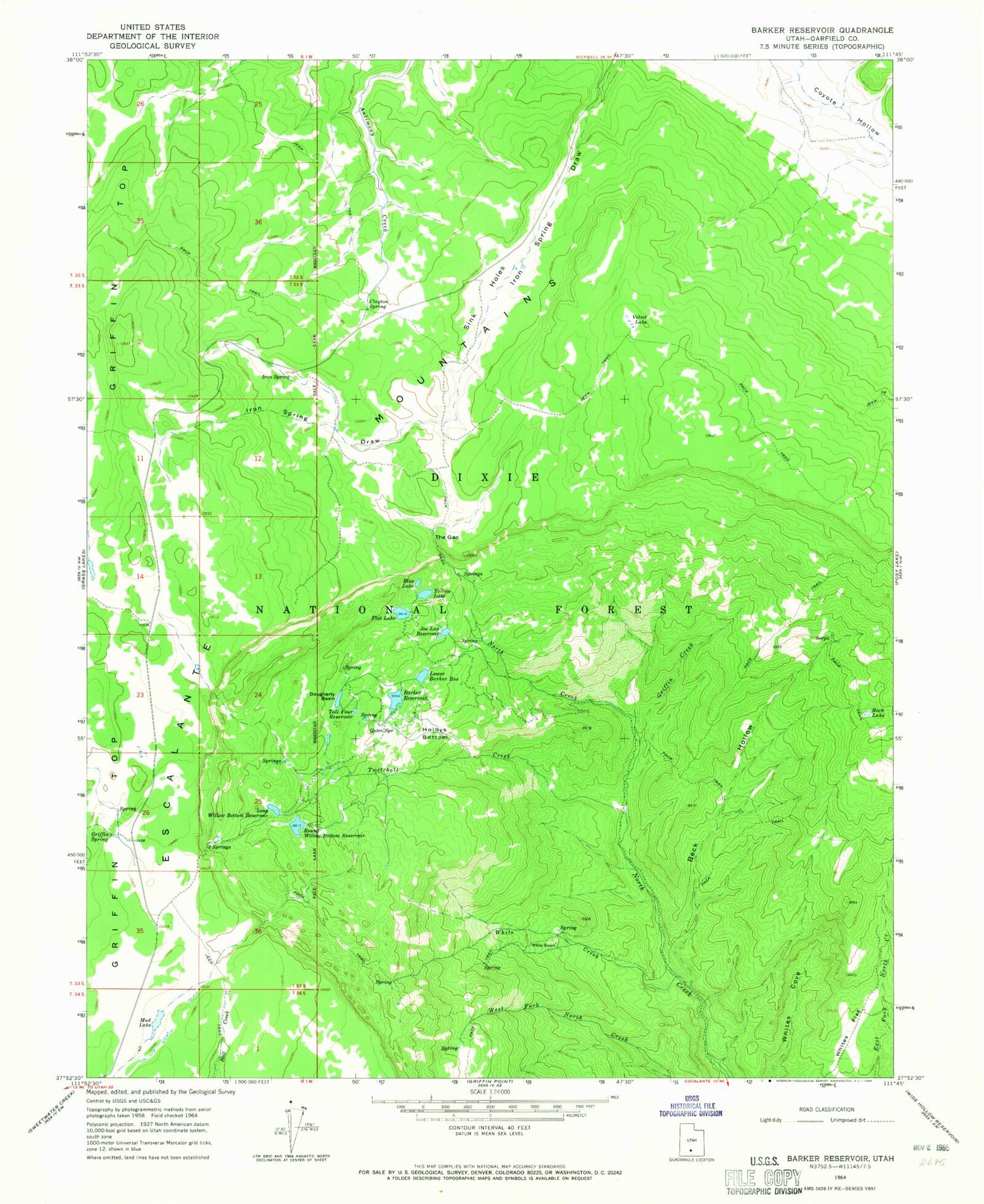 Classic USGS Barker Reservoir Utah 7.5'x7.5' Topo Map Image