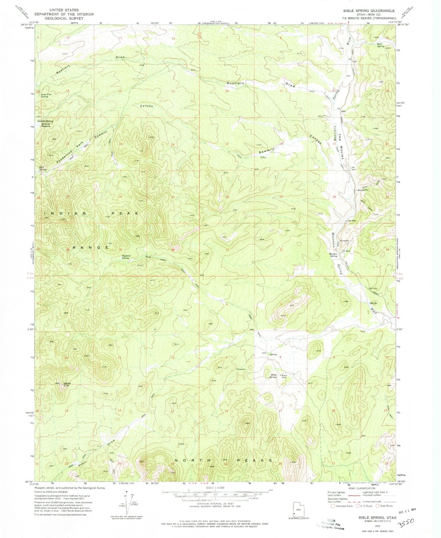 Classic USGS Bible Spring Utah 7.5'x7.5' Topo Map Image