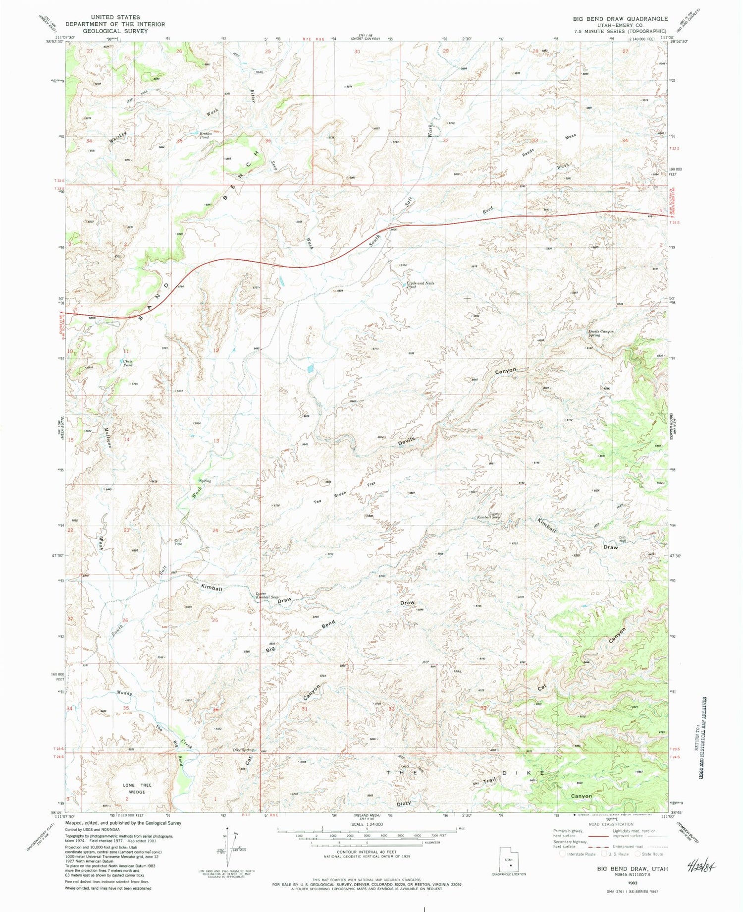 Classic USGS Big Bend Draw Utah 7.5'x7.5' Topo Map Image