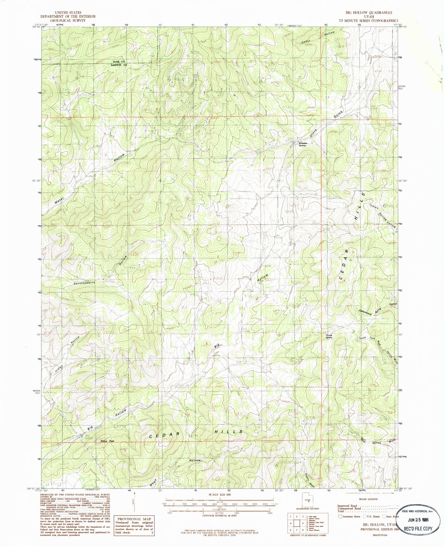 Classic USGS Big Hollow Utah 7.5'x7.5' Topo Map Image