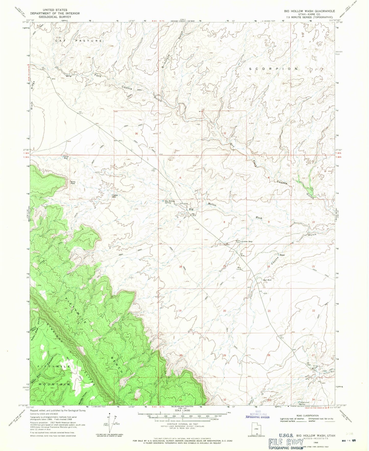 Classic USGS Big Hollow Wash Utah 7.5'x7.5' Topo Map Image