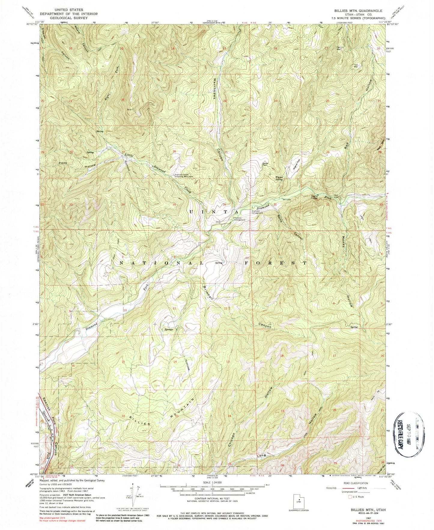 Classic USGS Billies Mountain Utah 7.5'x7.5' Topo Map Image