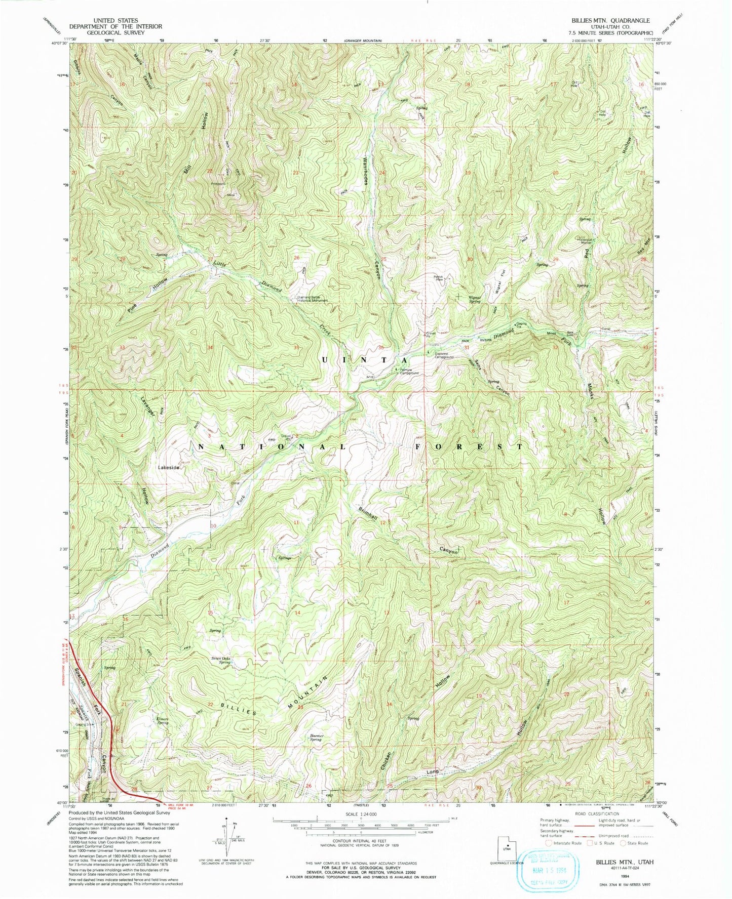 Classic USGS Billies Mountain Utah 7.5'x7.5' Topo Map Image