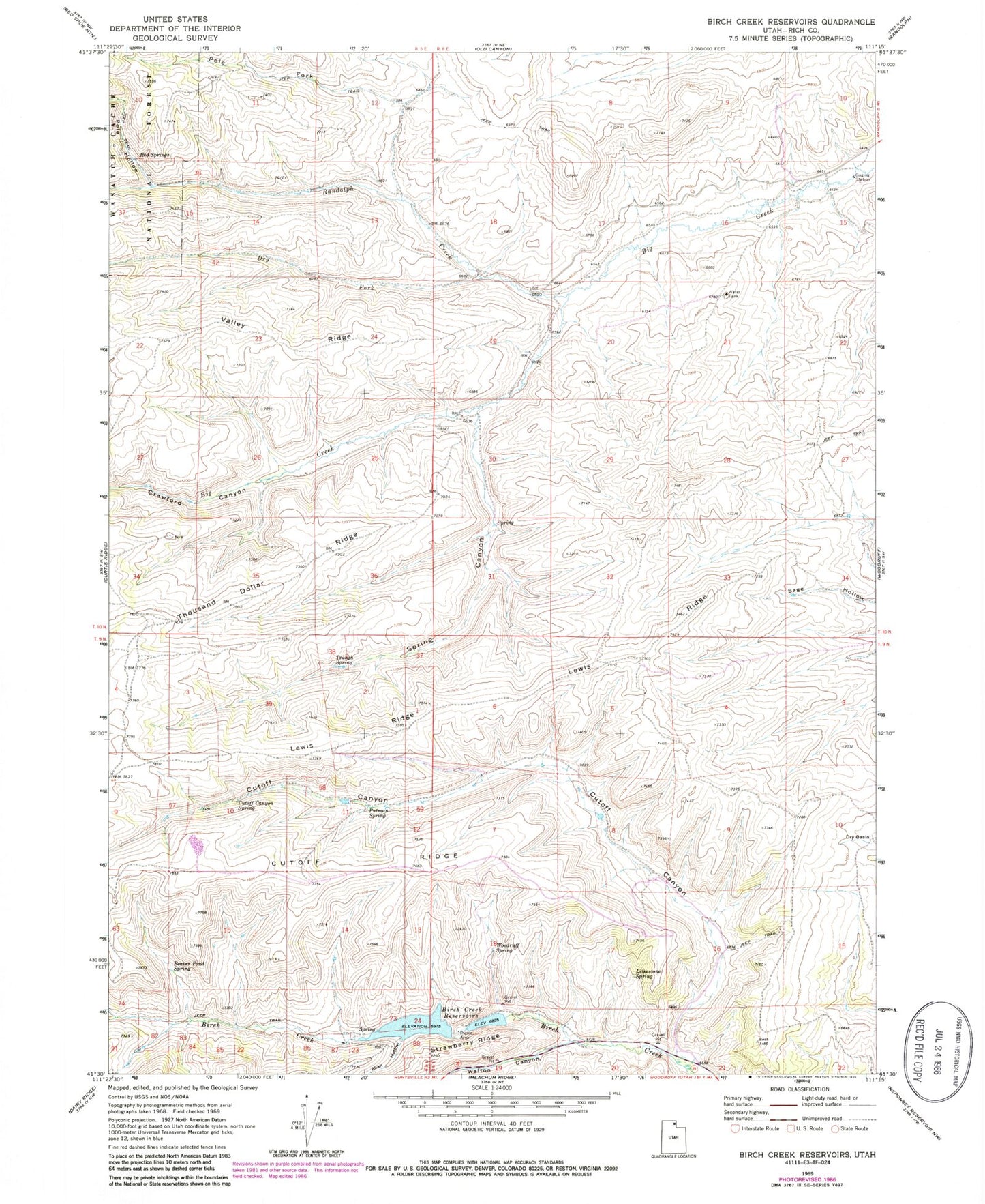 Classic USGS Birch Creek Reservoirs Utah 7.5'x7.5' Topo Map Image