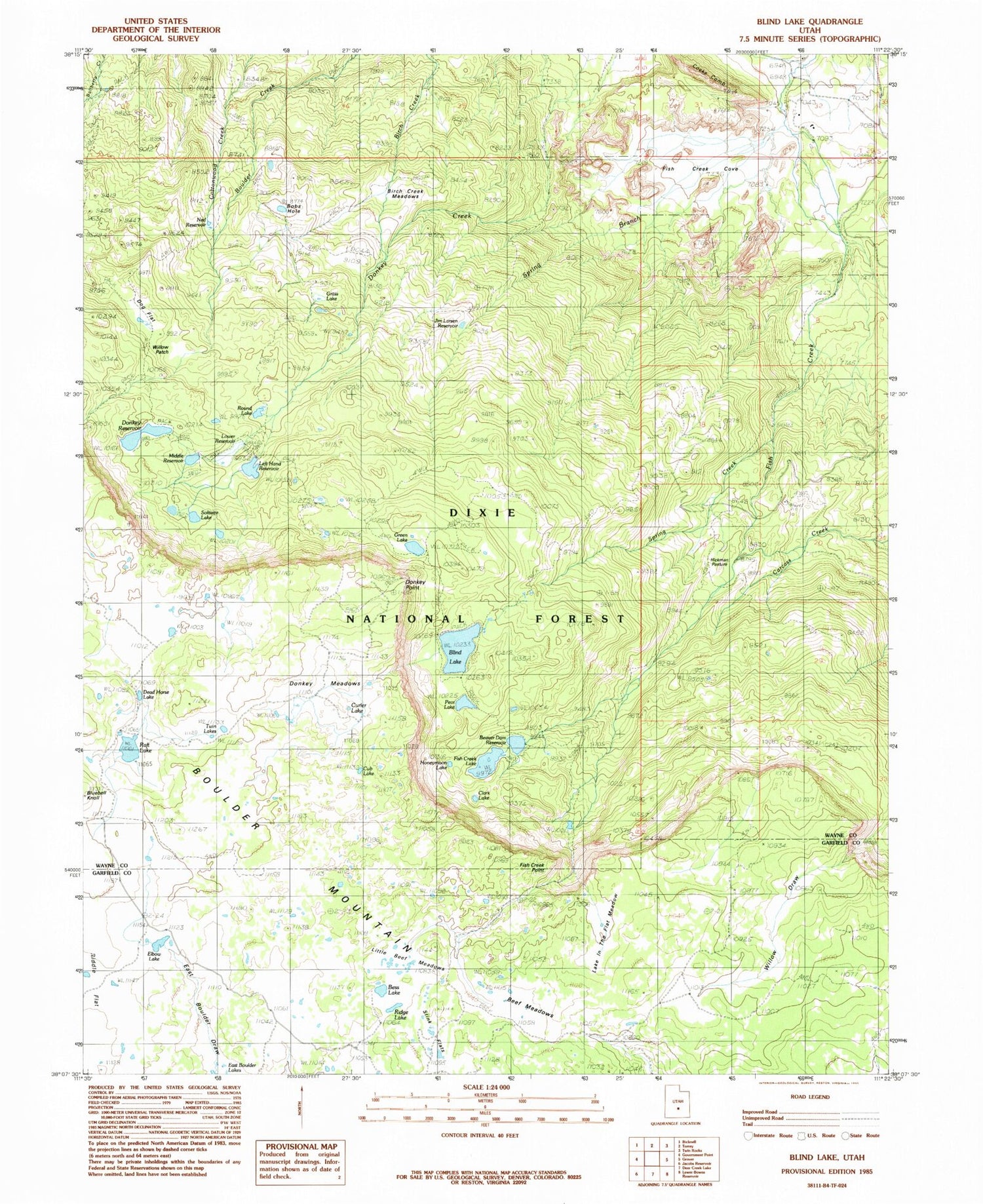 Classic USGS Blind Lake Utah 7.5'x7.5' Topo Map Image