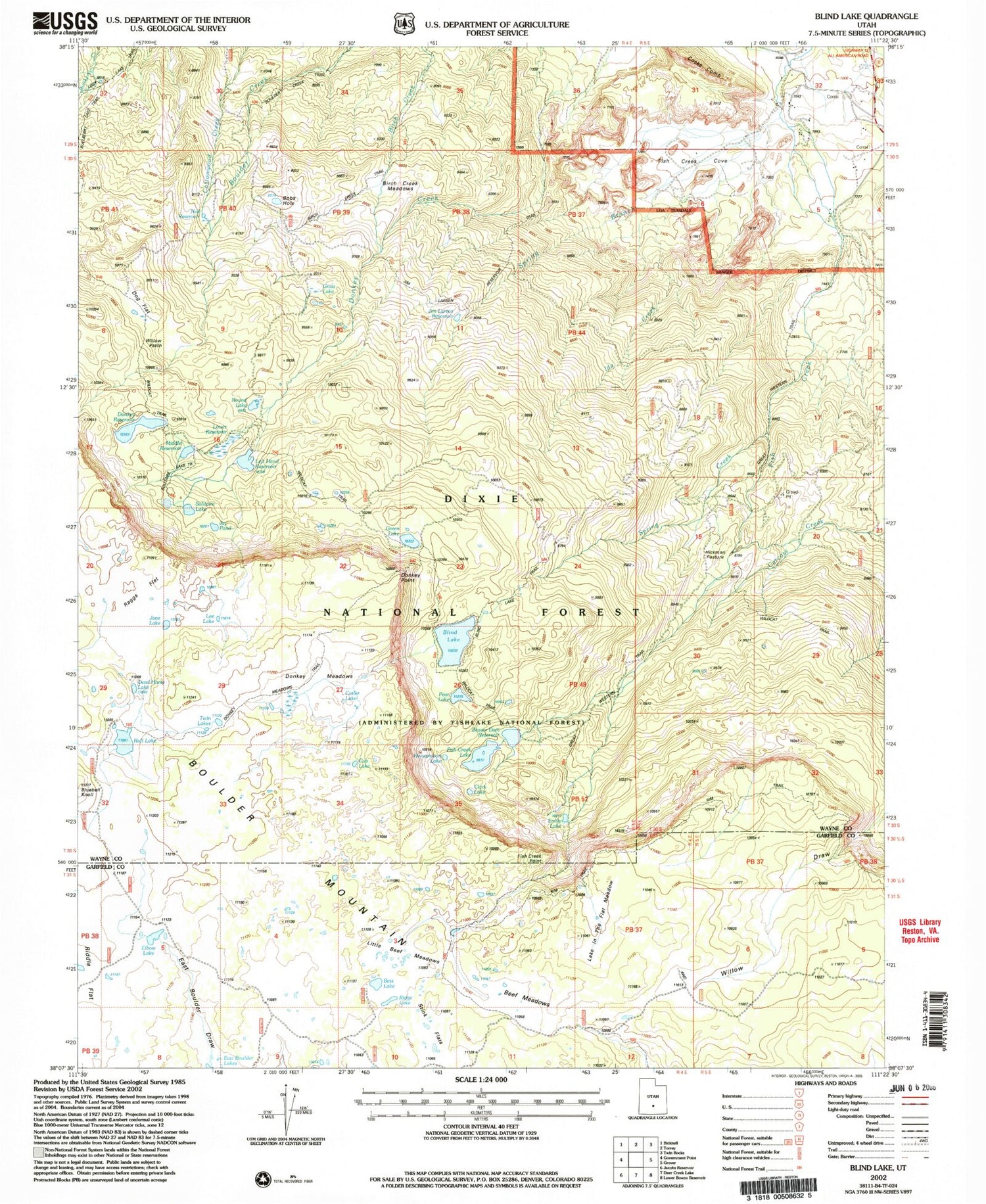 Classic USGS Blind Lake Utah 7.5'x7.5' Topo Map Image