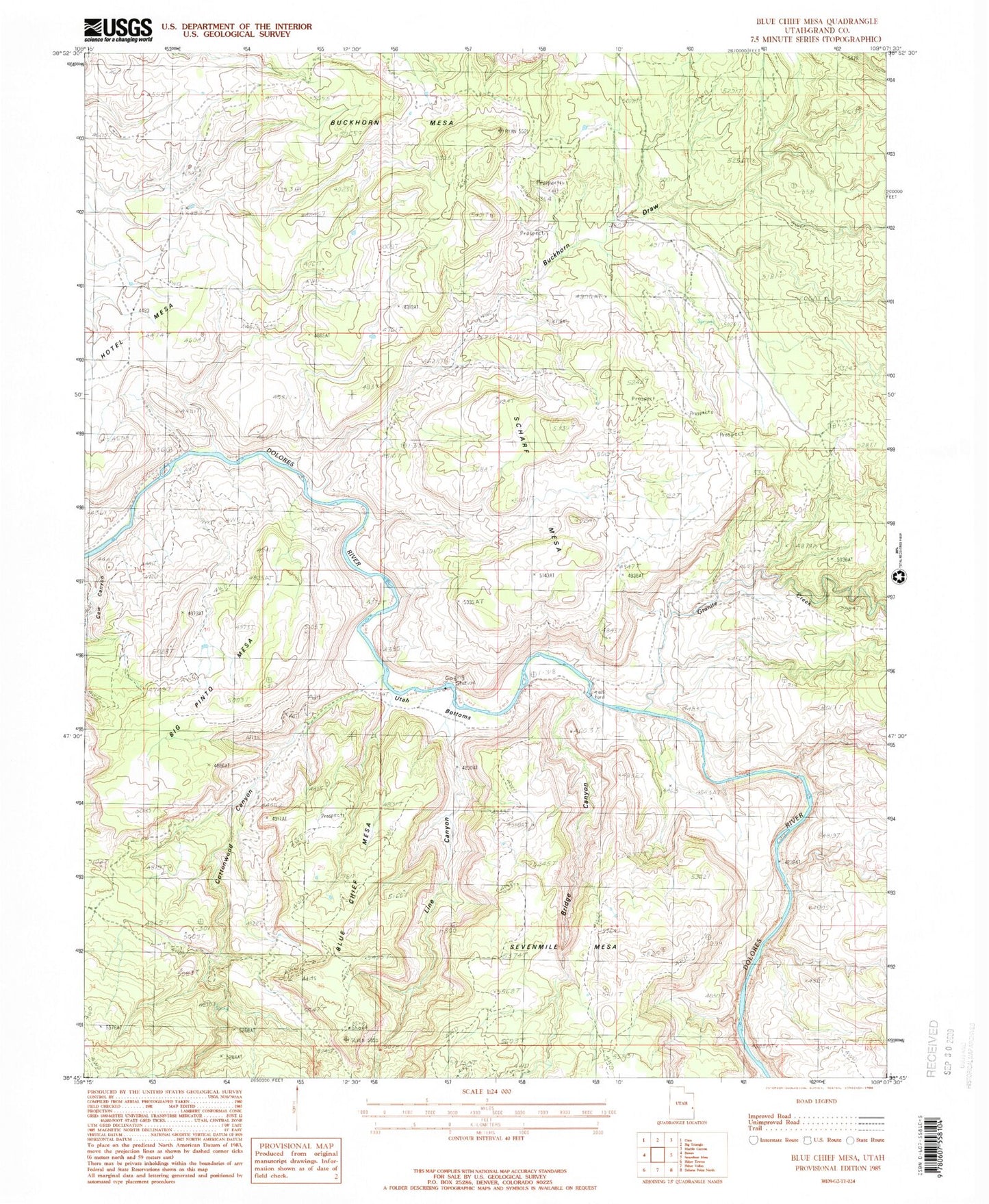 Classic USGS Blue Chief Mesa Utah 7.5'x7.5' Topo Map Image