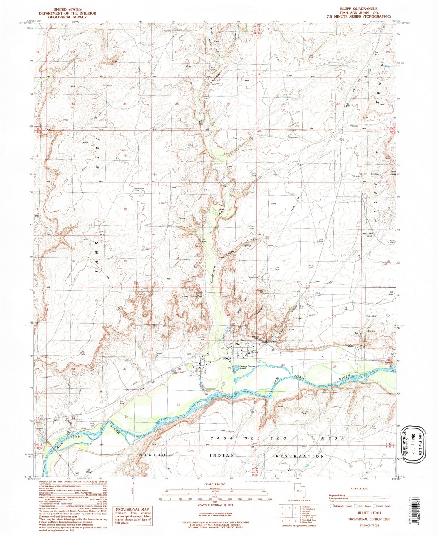 Classic USGS Bluff Utah 7.5'x7.5' Topo Map Image