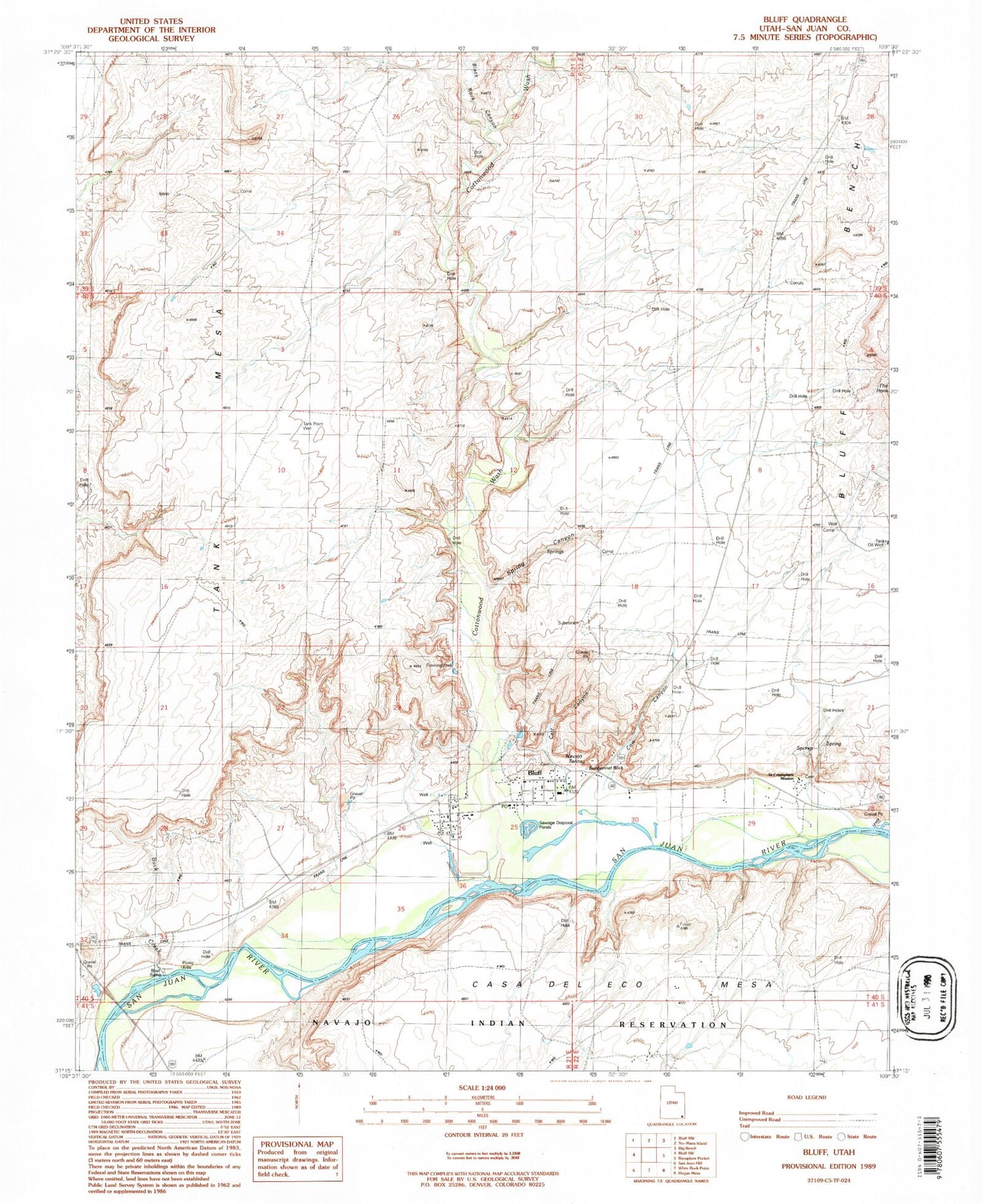 Classic USGS Bluff Utah 7.5'x7.5' Topo Map Image