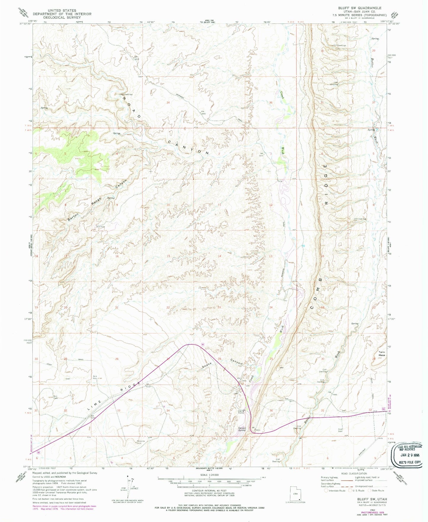 Classic USGS Bluff SW Utah 7.5'x7.5' Topo Map Image