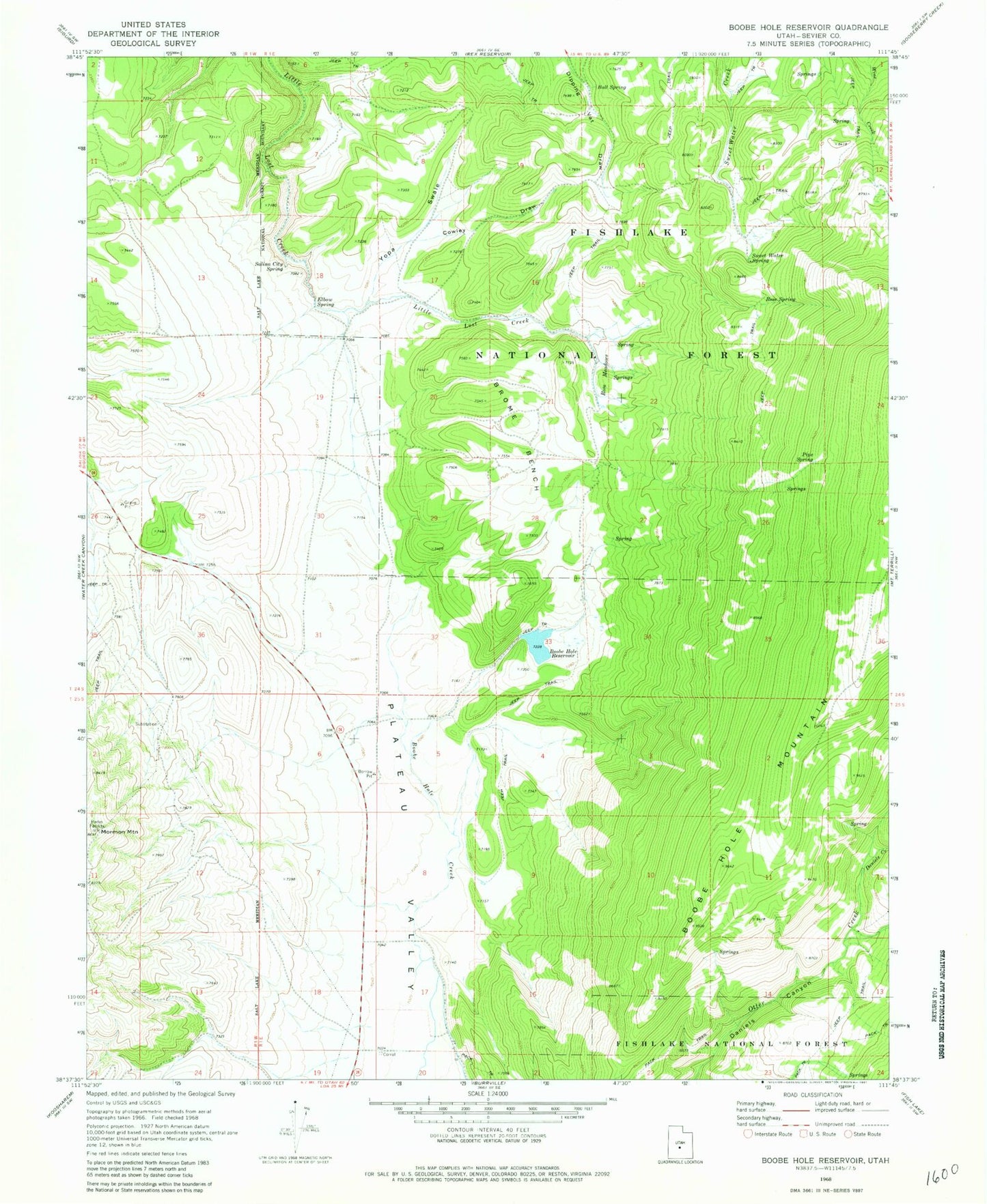 Classic USGS Boobe Hole Reservoir Utah 7.5'x7.5' Topo Map Image