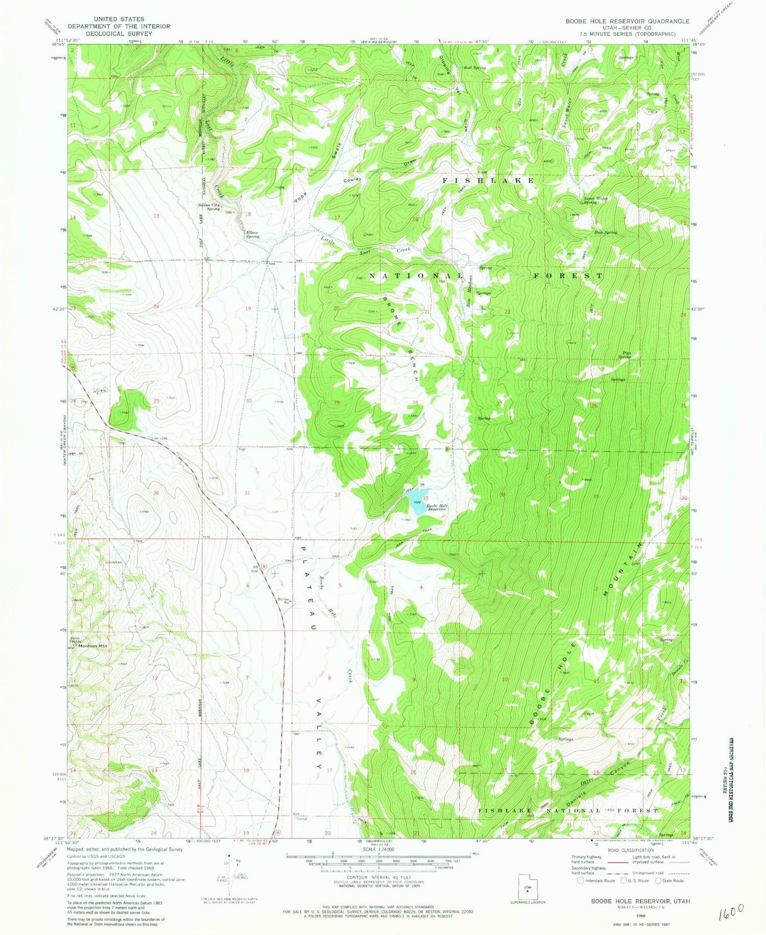 Classic USGS Boobe Hole Reservoir Utah 7.5'x7.5' Topo Map Image