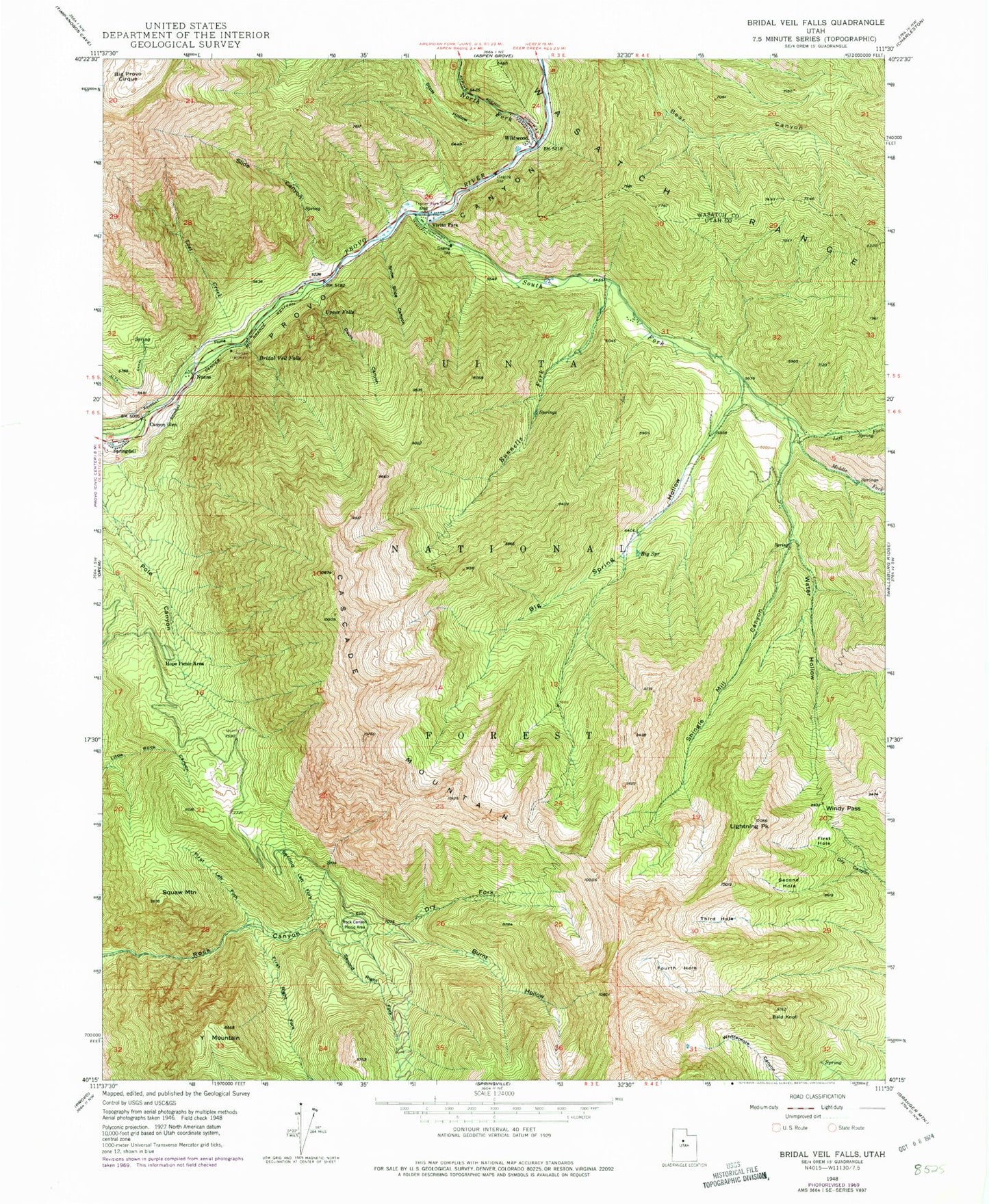 Classic USGS Bridal Veil Falls Utah 7.5'x7.5' Topo Map Image