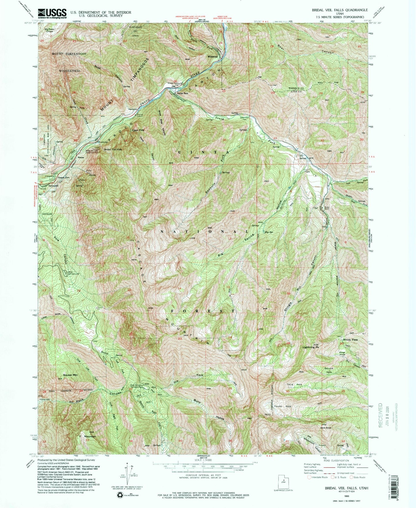 Classic USGS Bridal Veil Falls Utah 7.5'x7.5' Topo Map Image