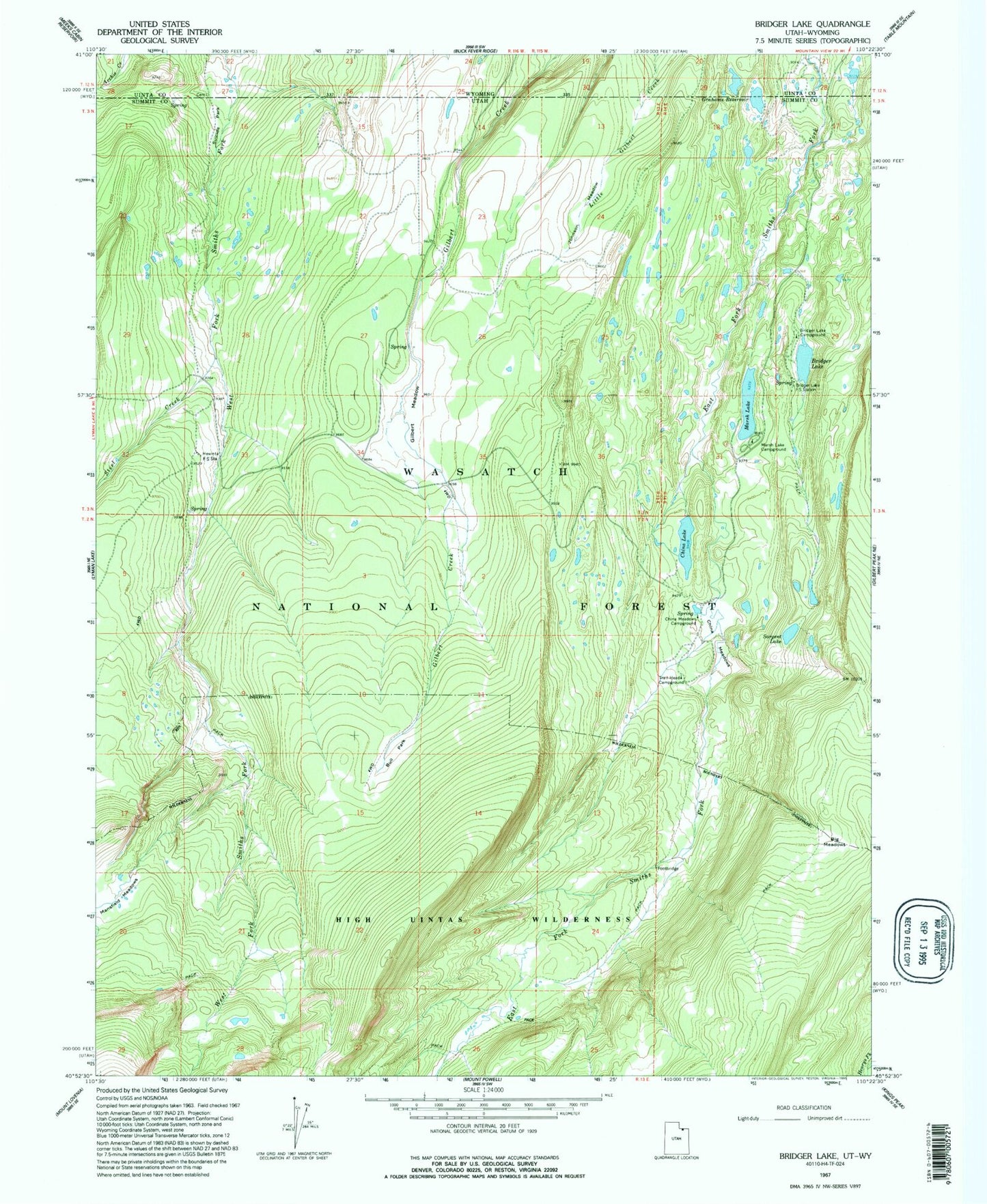 Classic USGS Bridger Lake Utah 7.5'x7.5' Topo Map Image
