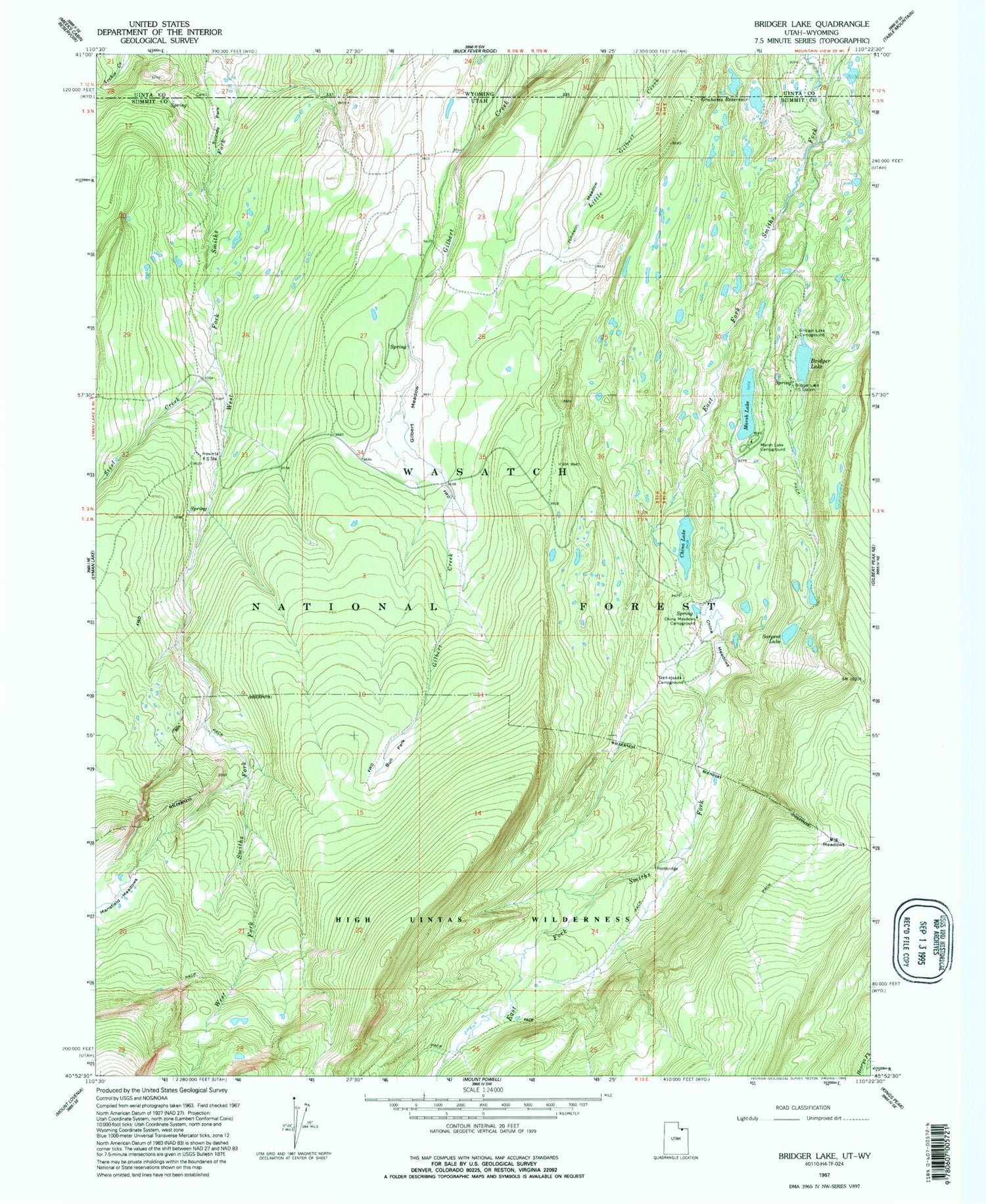 Classic USGS Bridger Lake Utah 7.5'x7.5' Topo Map Image