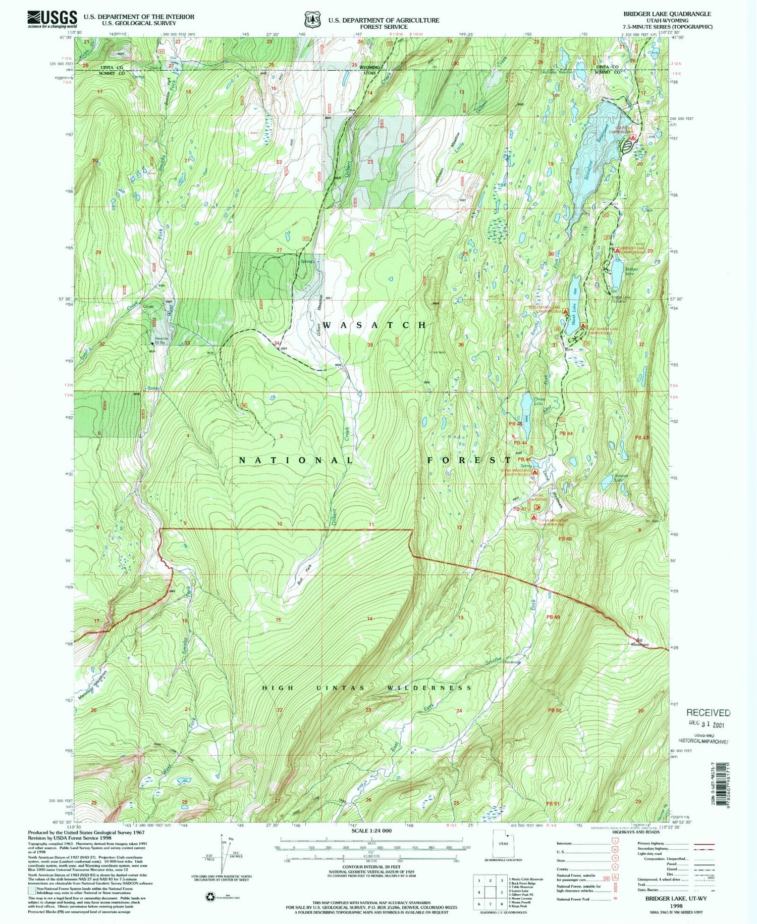 Classic USGS Bridger Lake Utah 7.5'x7.5' Topo Map Image