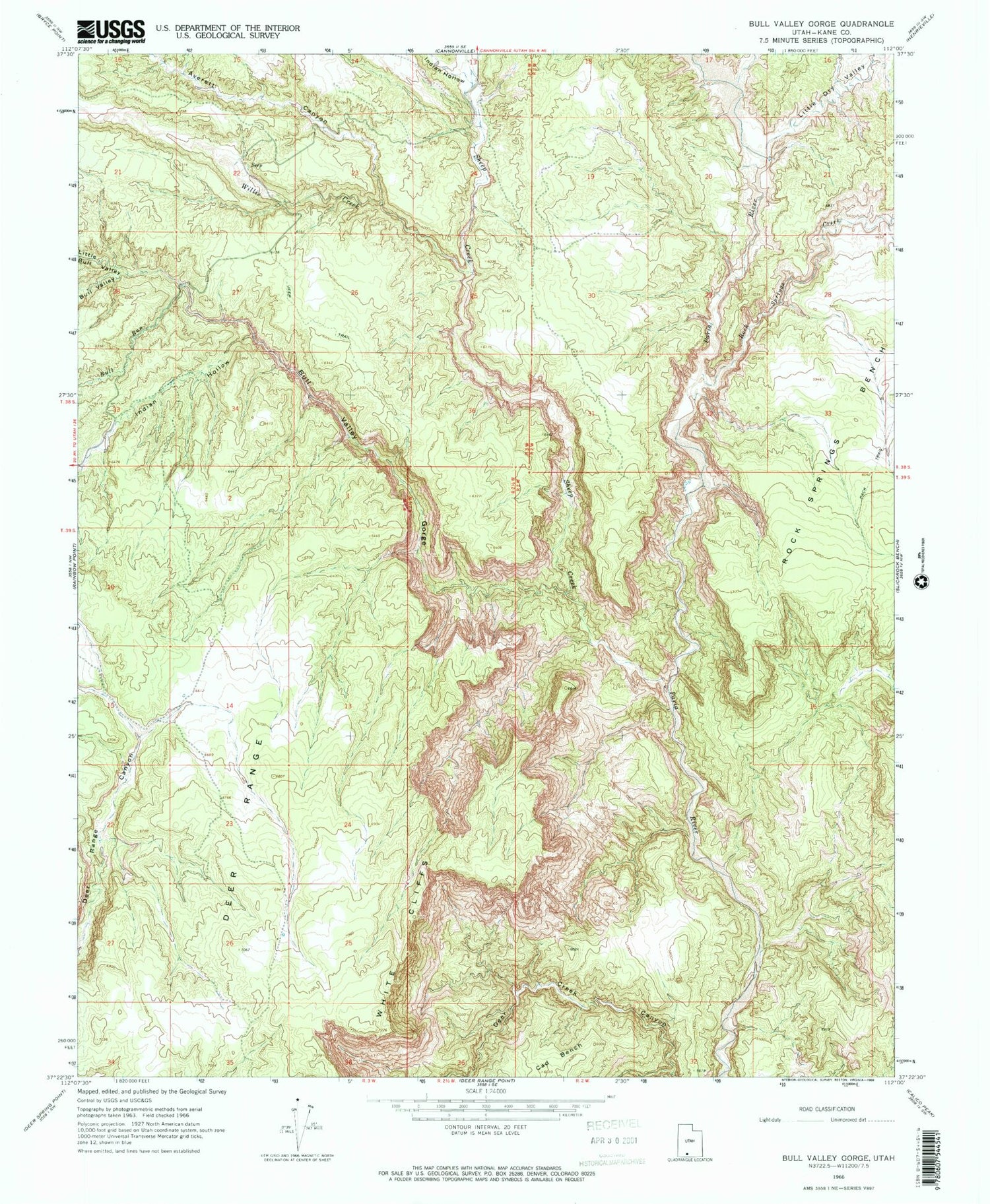 Classic USGS Bull Valley Gorge Utah 7.5'x7.5' Topo Map Image