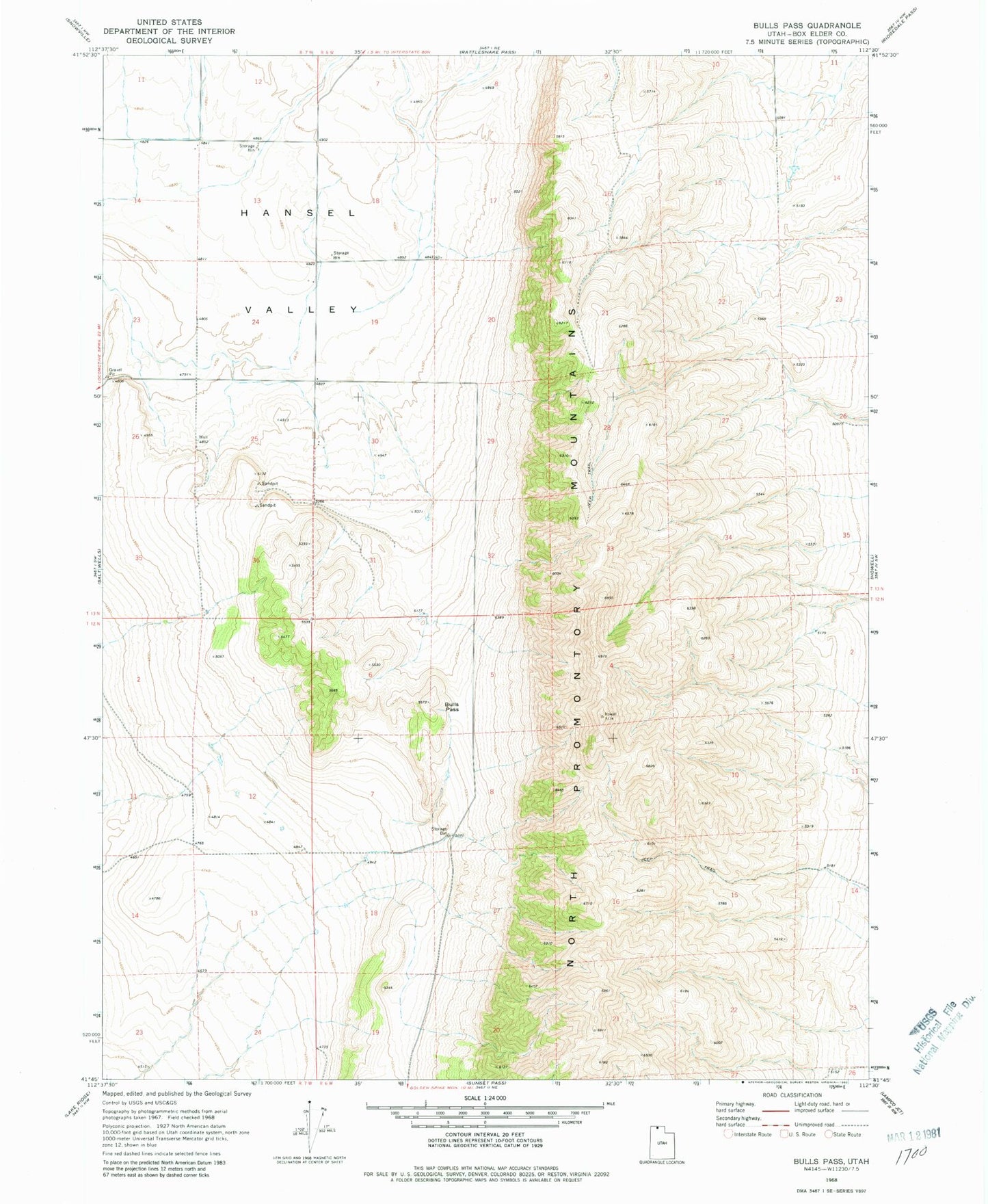 Classic USGS Bulls Pass Utah 7.5'x7.5' Topo Map Image