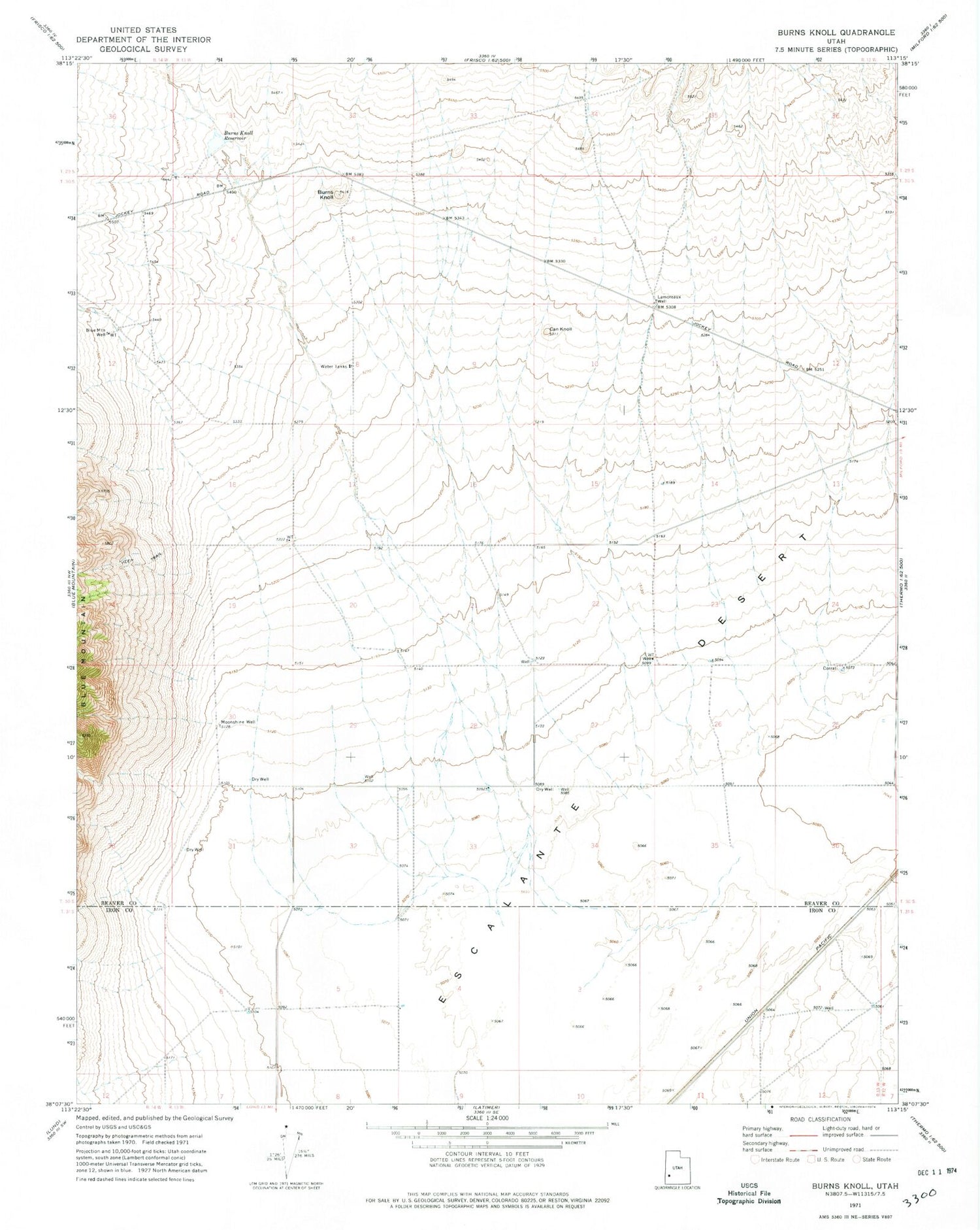 Classic USGS Burns Knoll Utah 7.5'x7.5' Topo Map Image