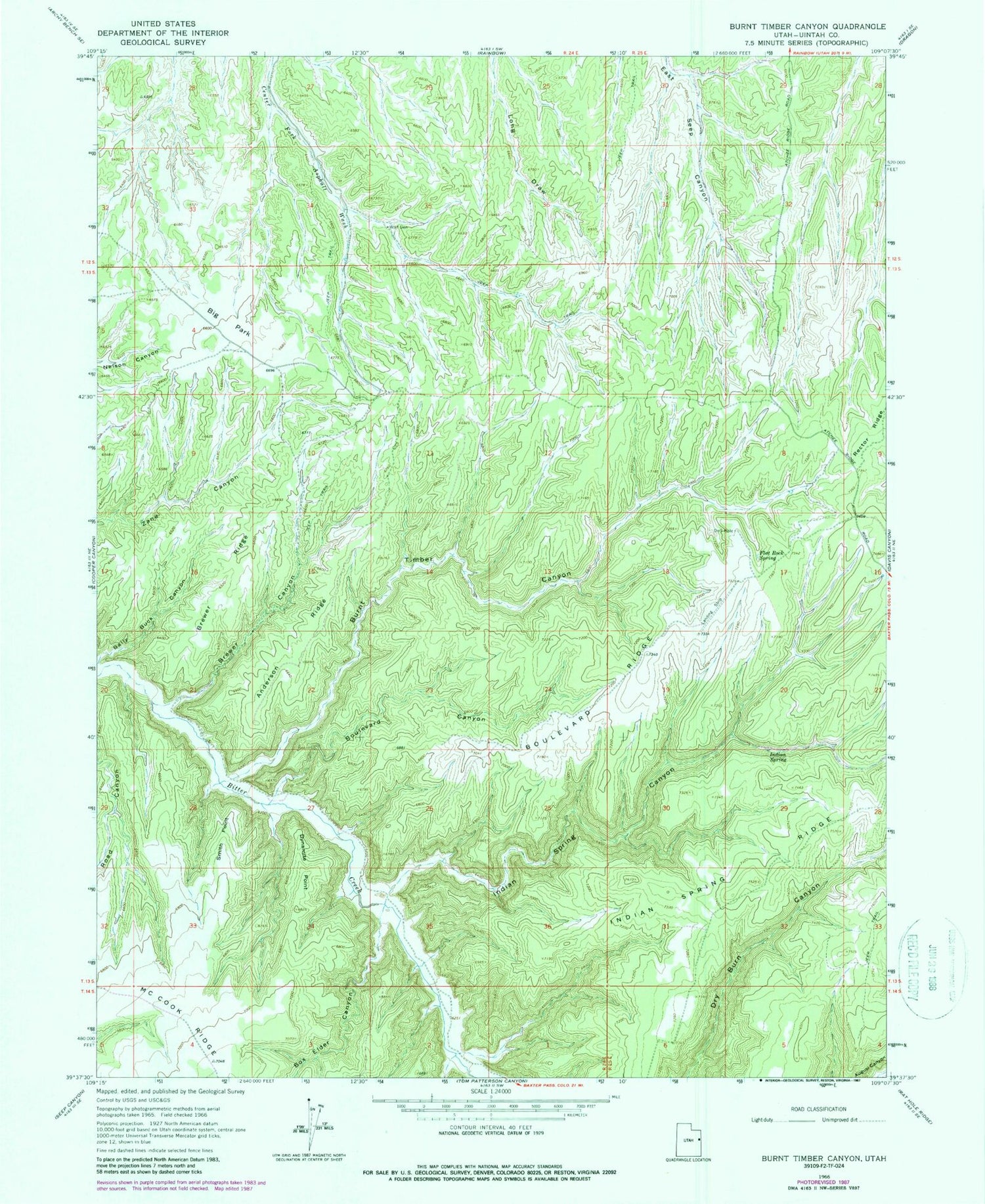Classic USGS Burnt Timber Canyon Utah 7.5'x7.5' Topo Map Image