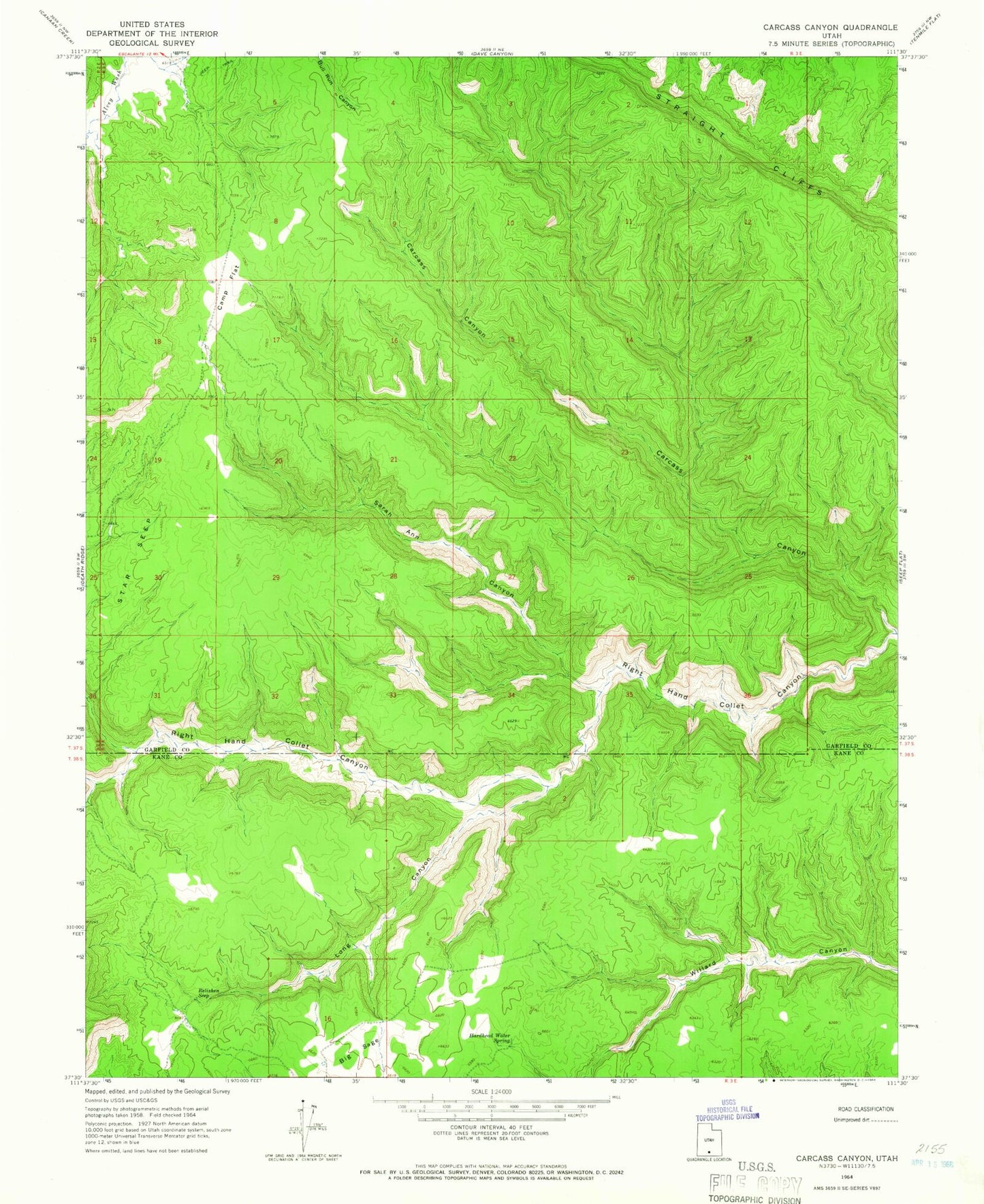 Classic USGS Carcass Canyon Utah 7.5'x7.5' Topo Map Image