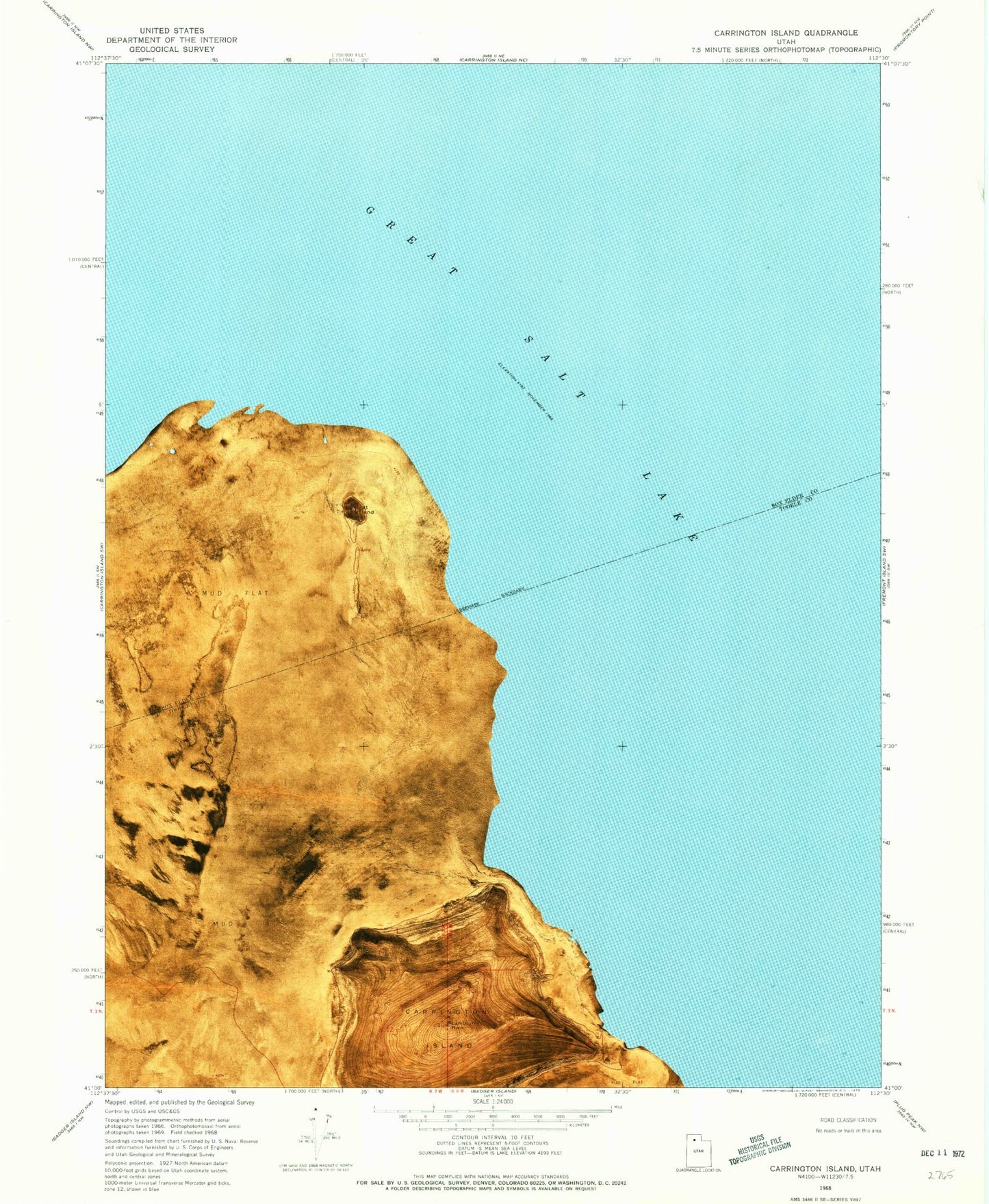 Classic USGS Carrington Island Utah 7.5'x7.5' Topo Map Image