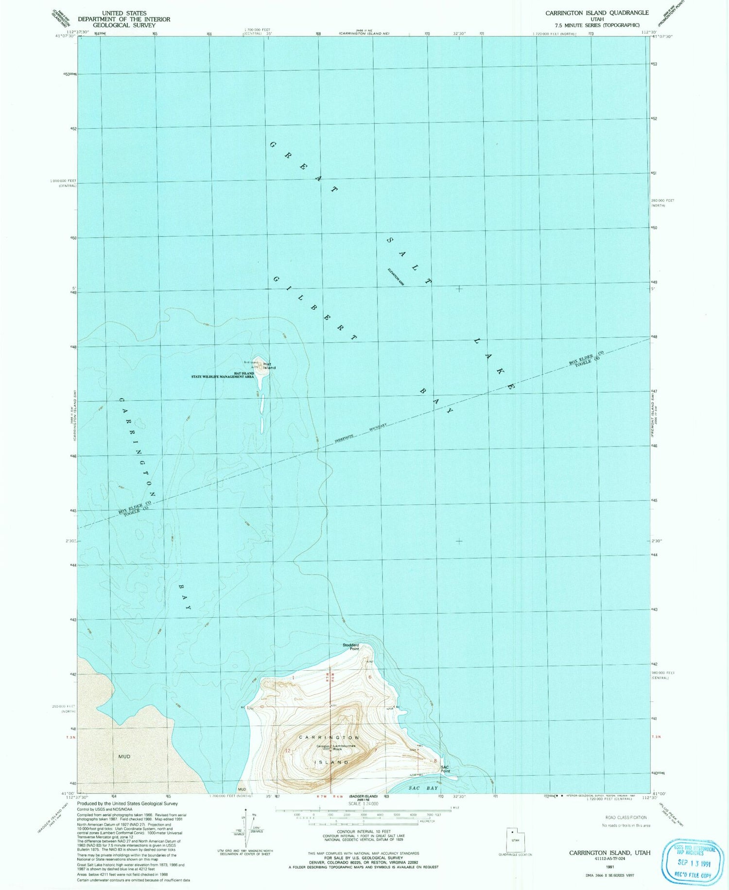 Classic USGS Carrington Island Utah 7.5'x7.5' Topo Map Image