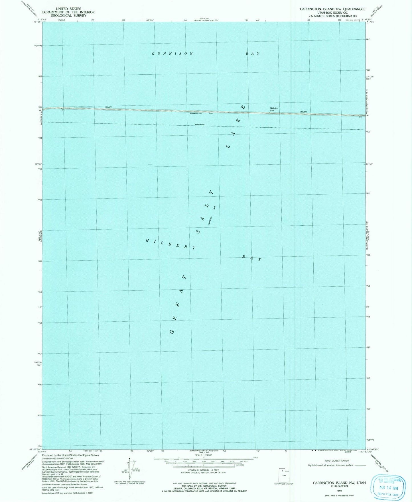 Classic USGS Carrington Island NW Utah 7.5'x7.5' Topo Map Image