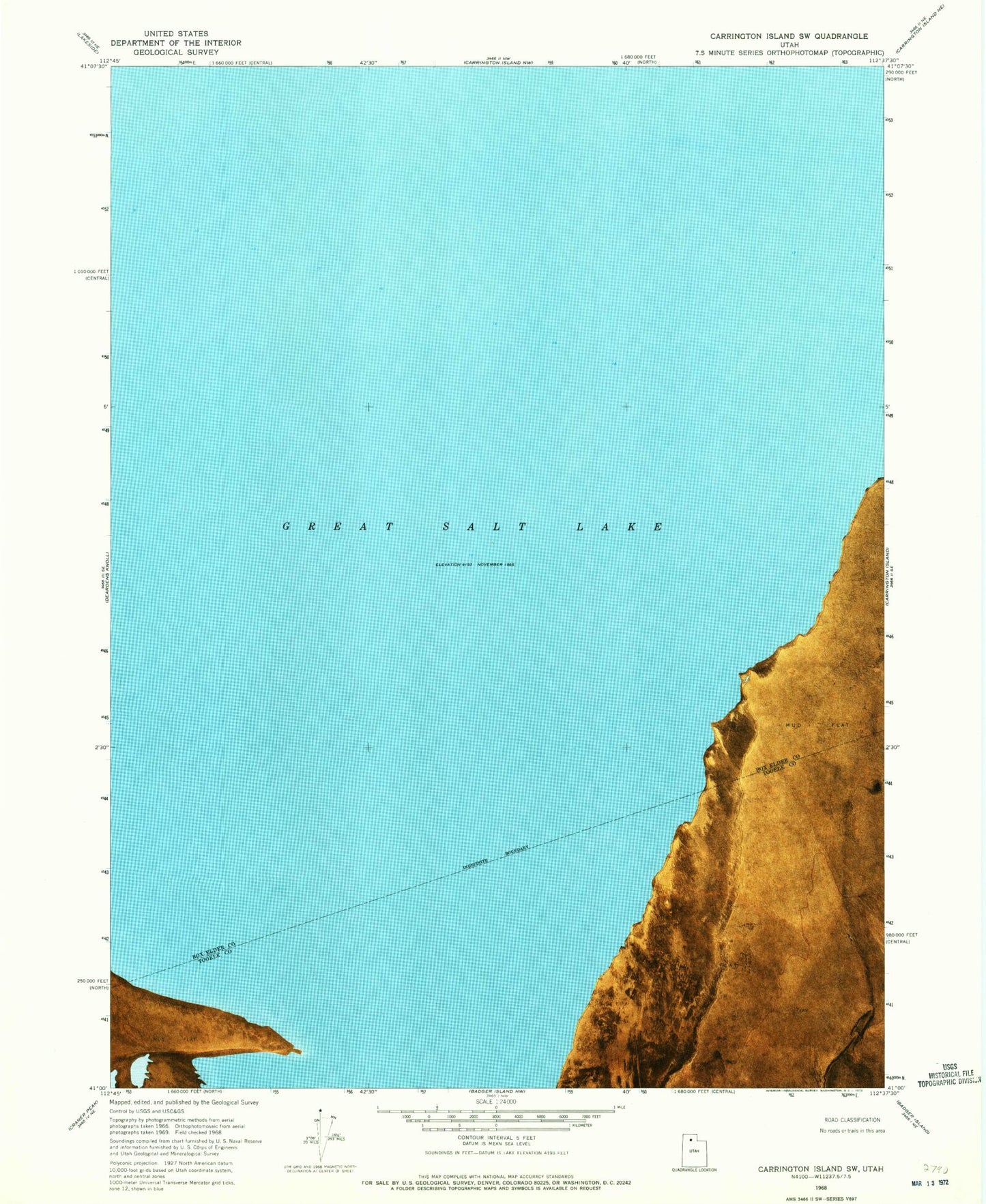 Classic USGS Carrington Island SW Utah 7.5'x7.5' Topo Map Image