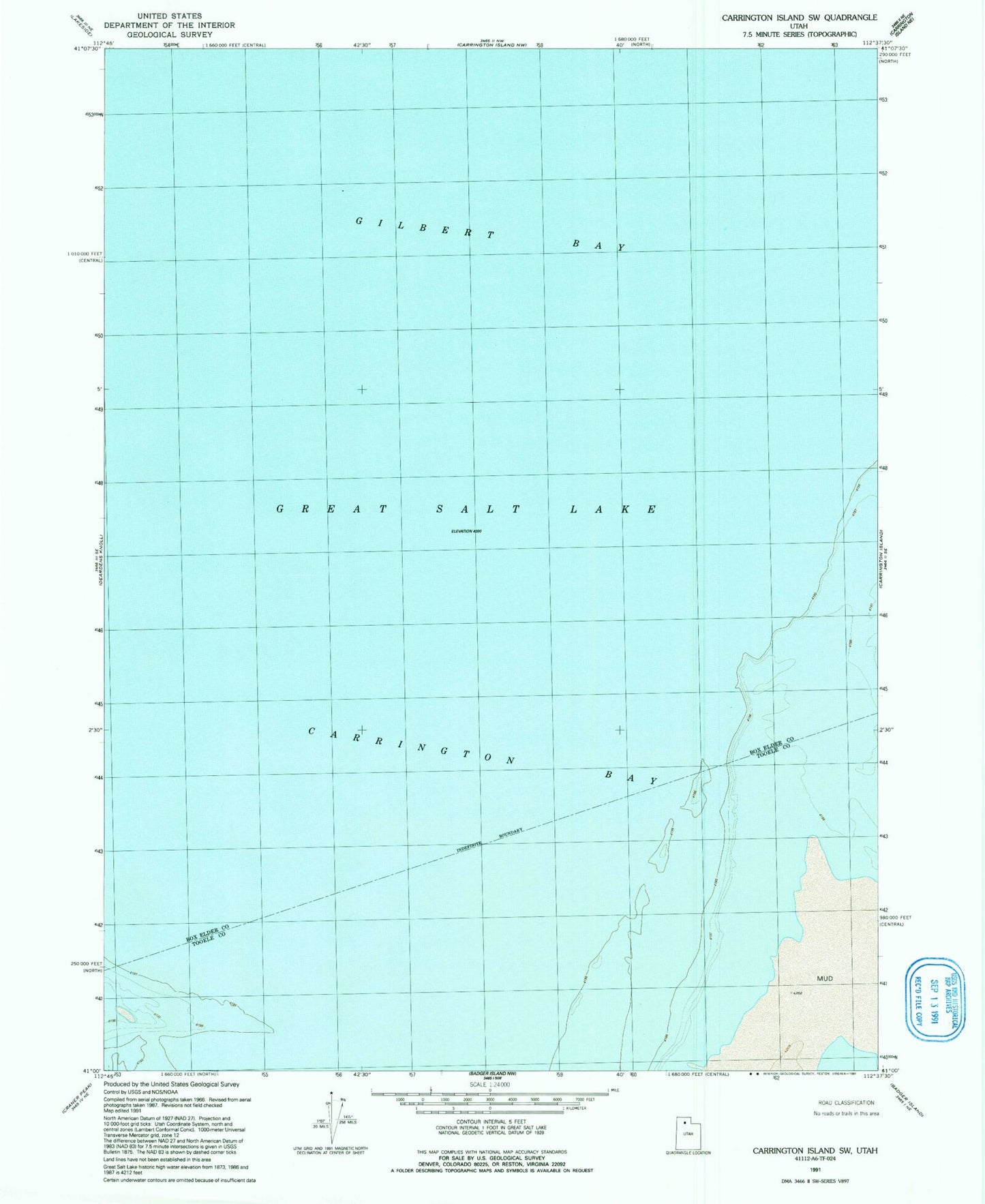 Classic USGS Carrington Island SW Utah 7.5'x7.5' Topo Map Image