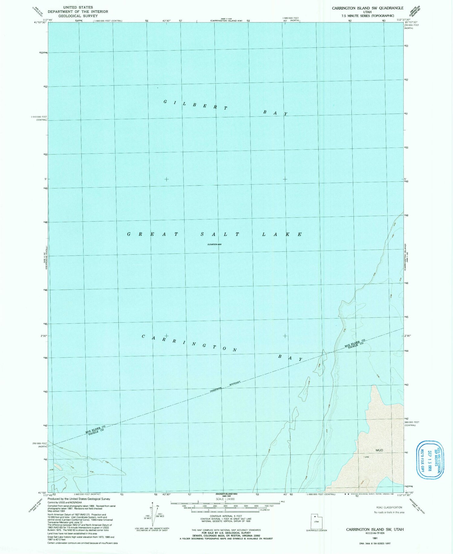 Classic USGS Carrington Island SW Utah 7.5'x7.5' Topo Map Image