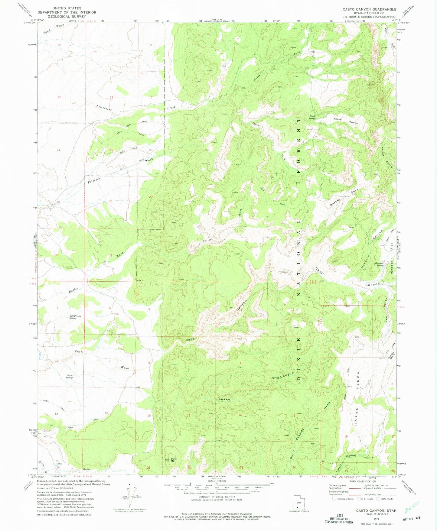 Classic USGS Casto Canyon Utah 7.5'x7.5' Topo Map Image