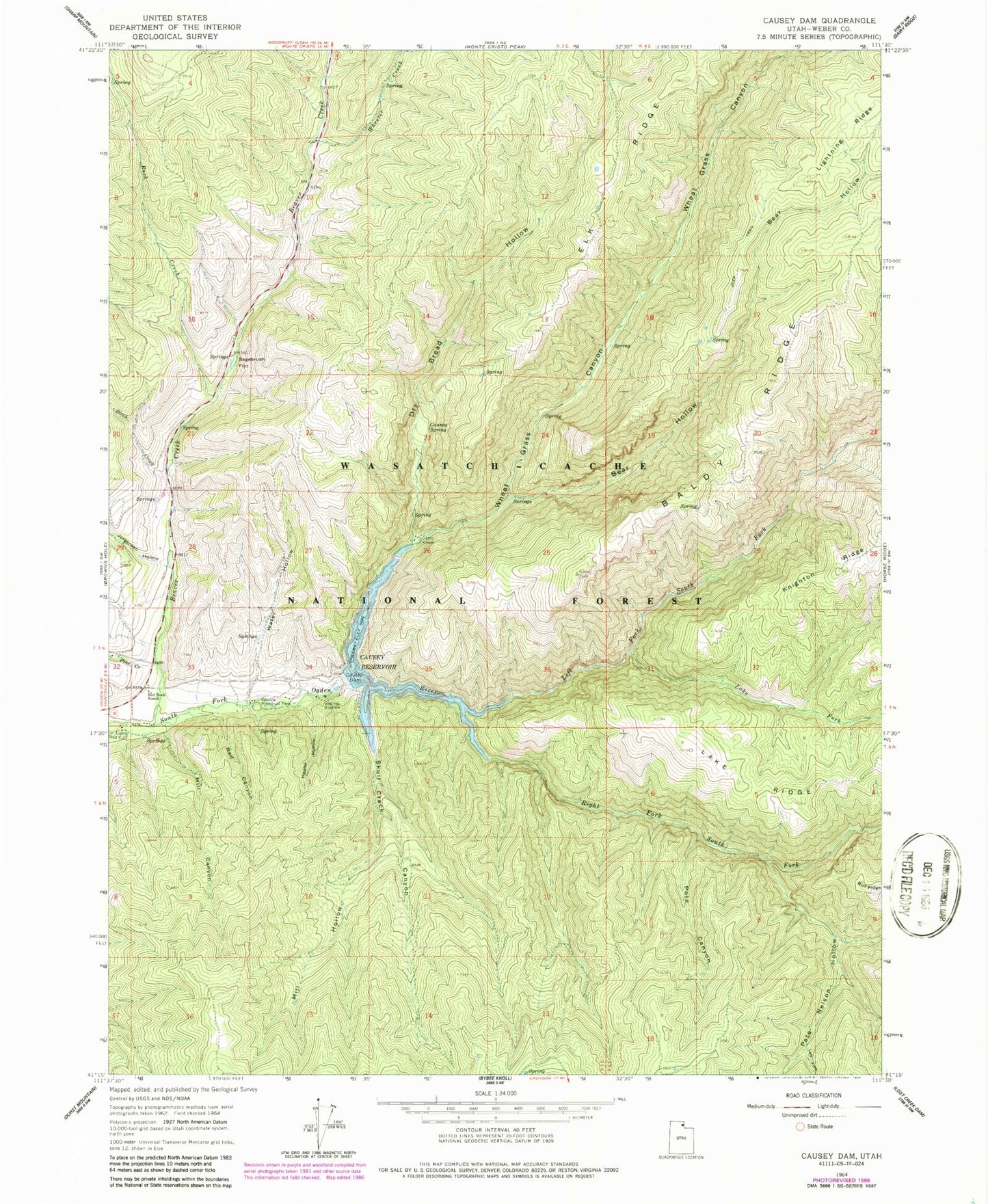 Classic USGS Causey Dam Utah 7.5'x7.5' Topo Map Image
