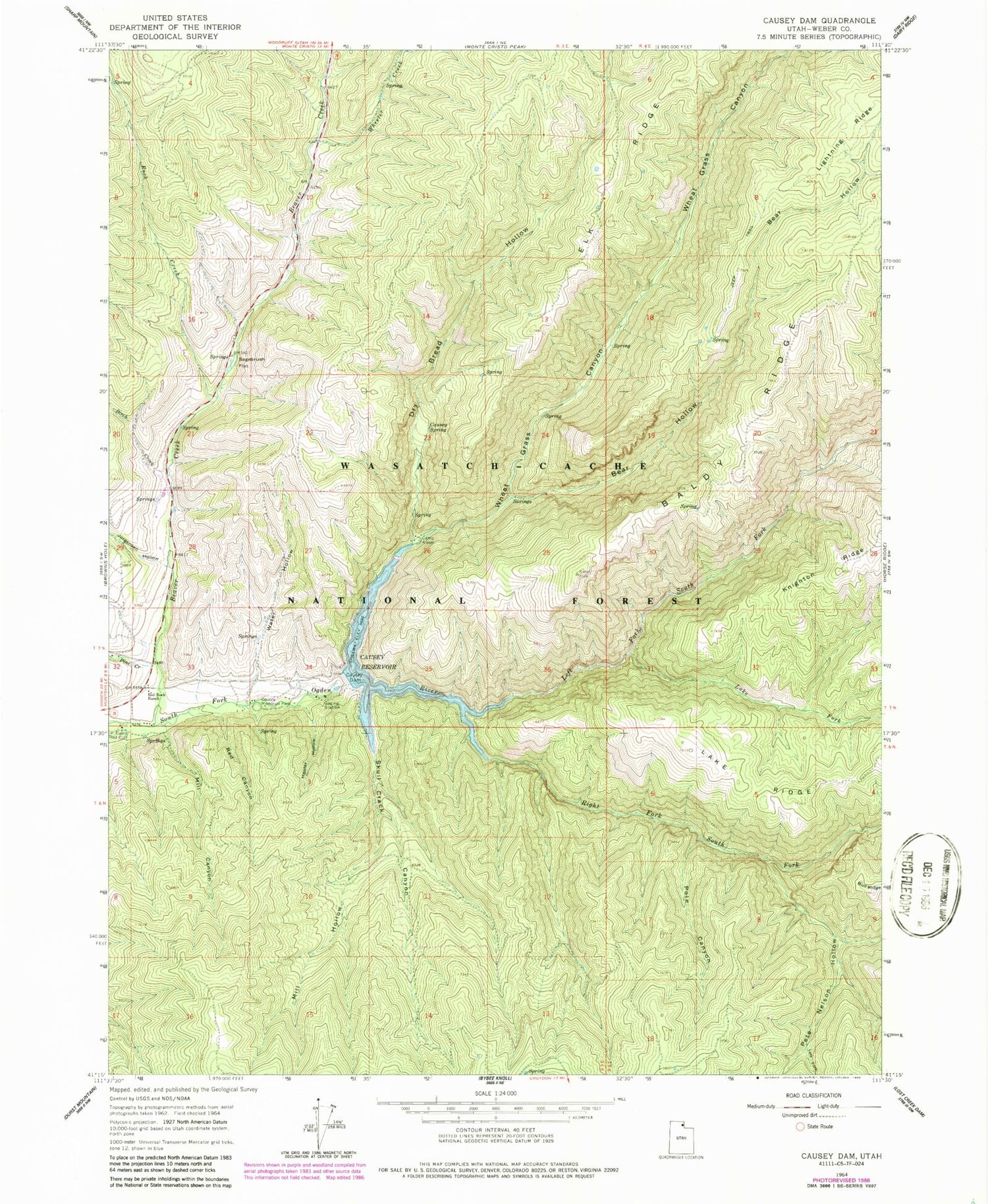 Classic USGS Causey Dam Utah 7.5'x7.5' Topo Map Image