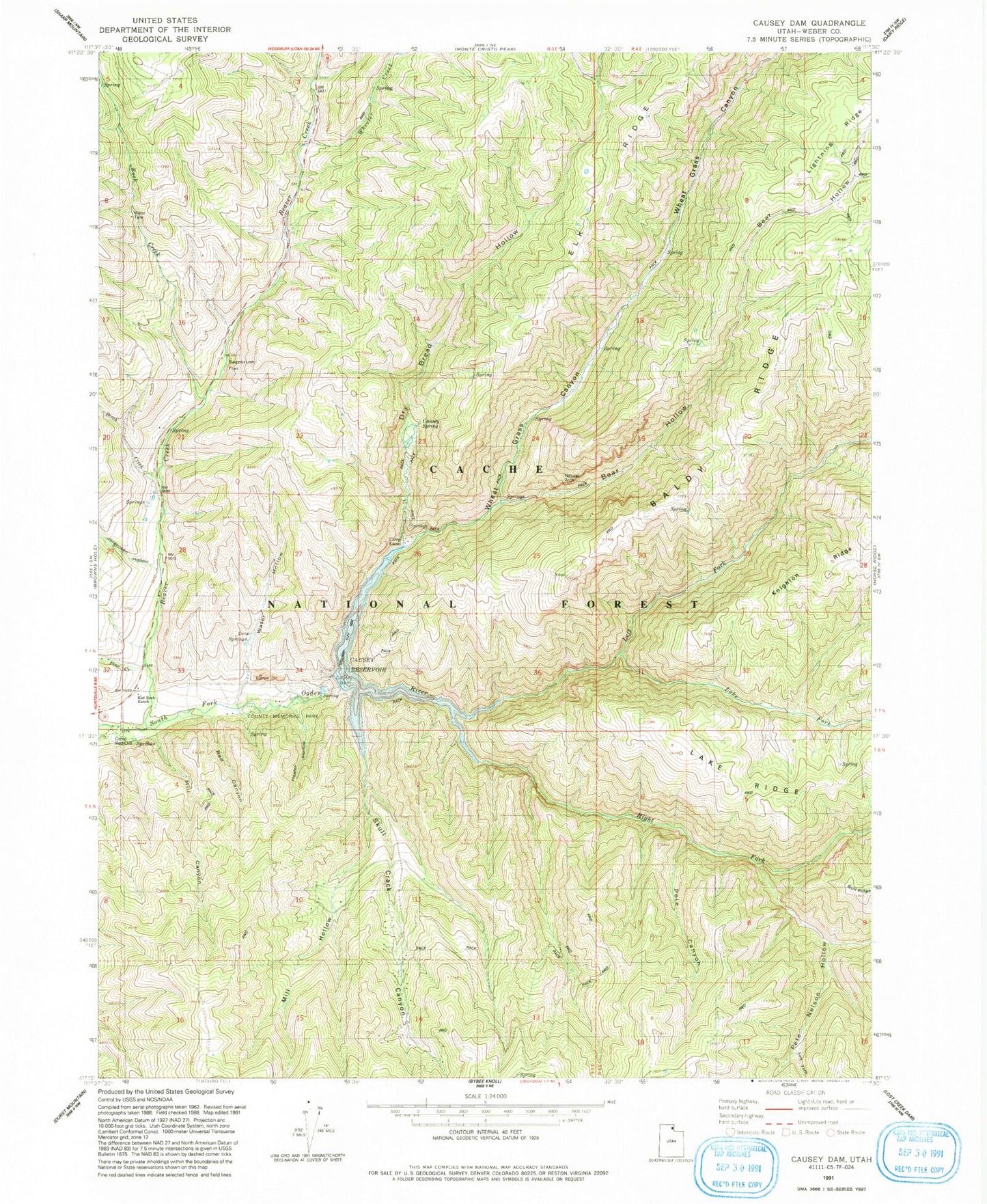 Classic USGS Causey Dam Utah 7.5'x7.5' Topo Map Image