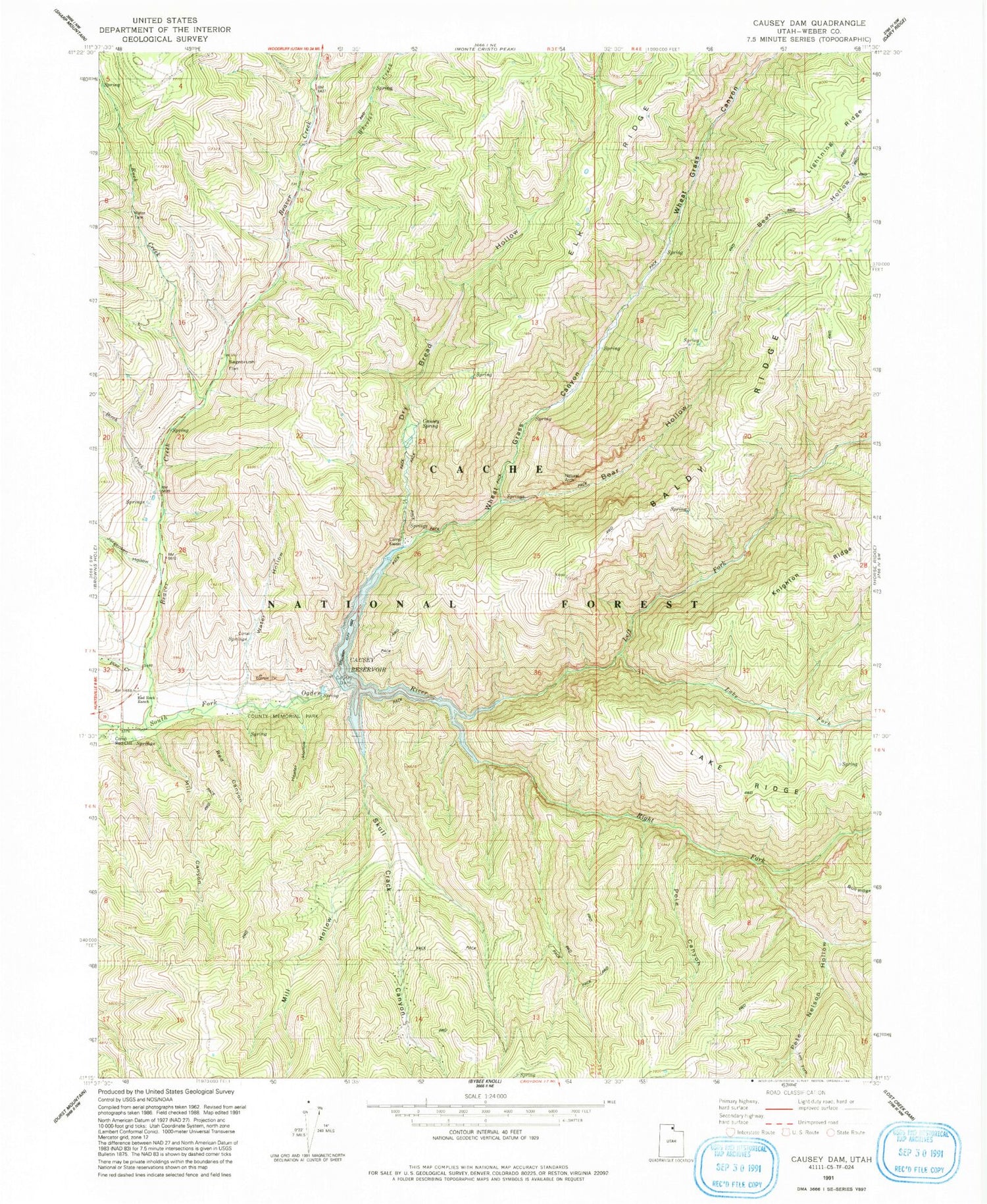 Classic USGS Causey Dam Utah 7.5'x7.5' Topo Map Image