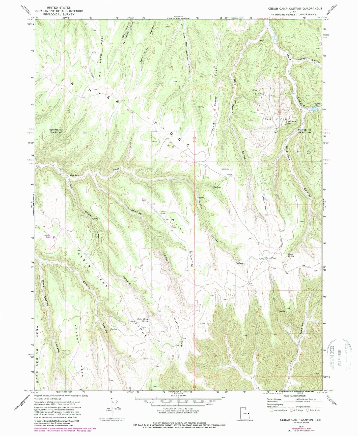 Classic USGS Cedar Camp Canyon Utah 7.5'x7.5' Topo Map Image