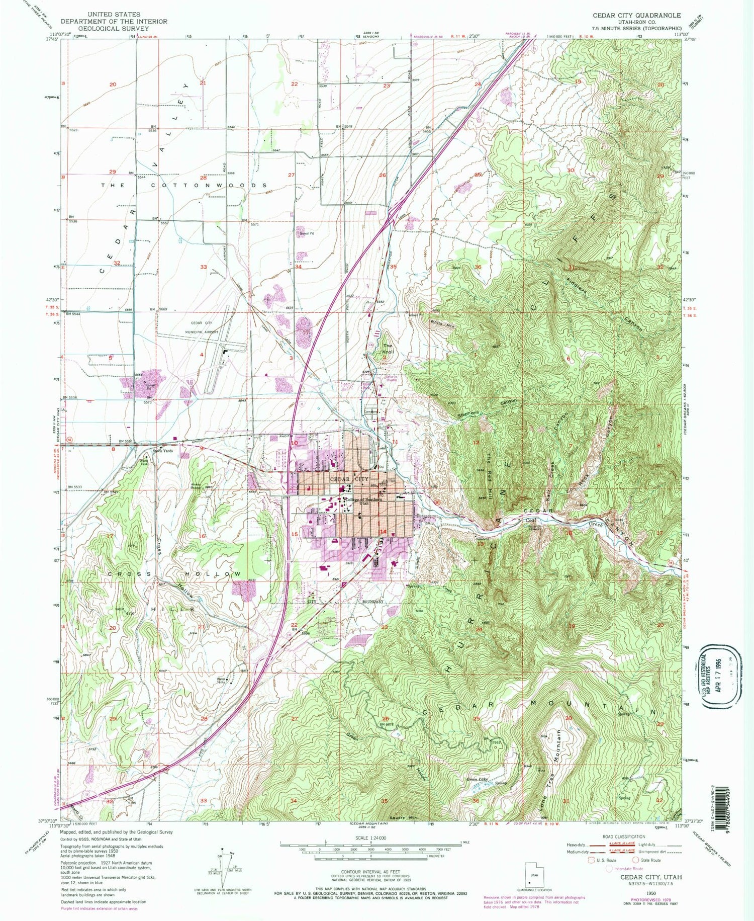 Classic USGS Cedar City Utah 7.5'x7.5' Topo Map Image