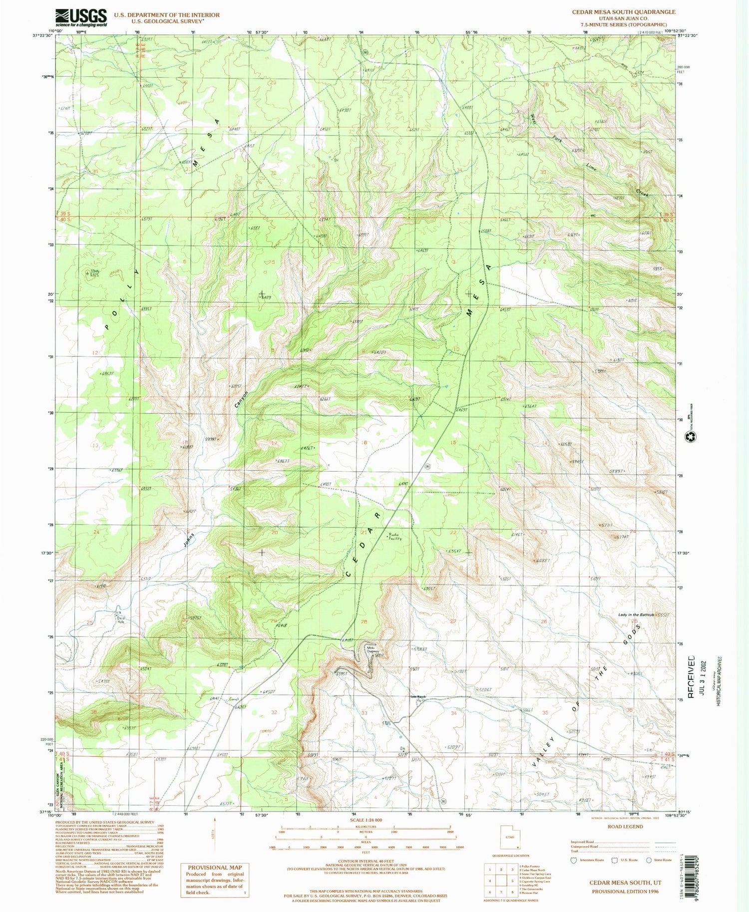 Classic USGS Cedar Mesa South Utah 7.5'x7.5' Topo Map Image