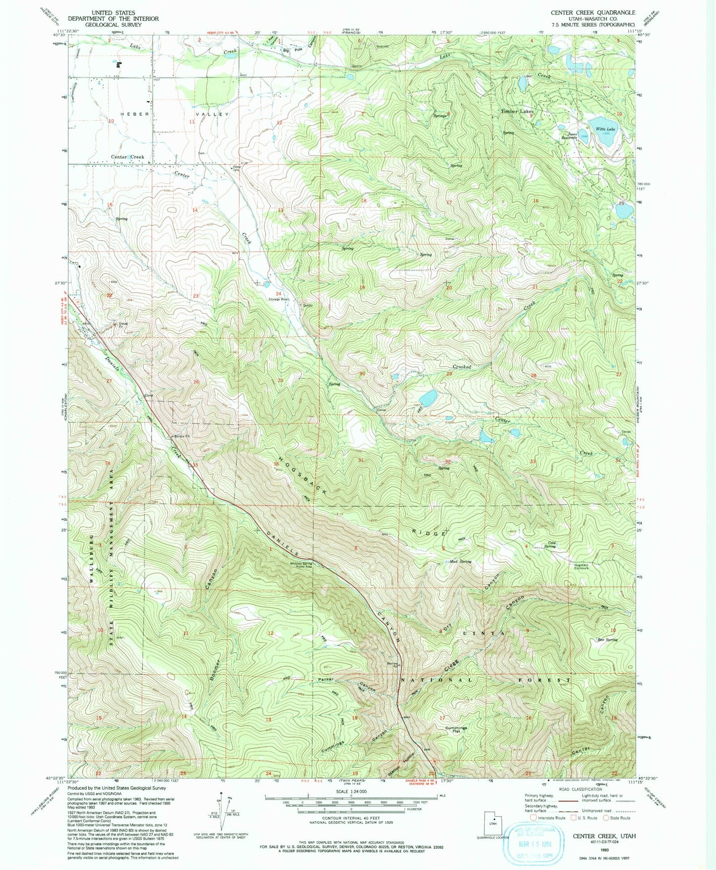 Classic USGS Center Creek Utah 7.5'x7.5' Topo Map Image