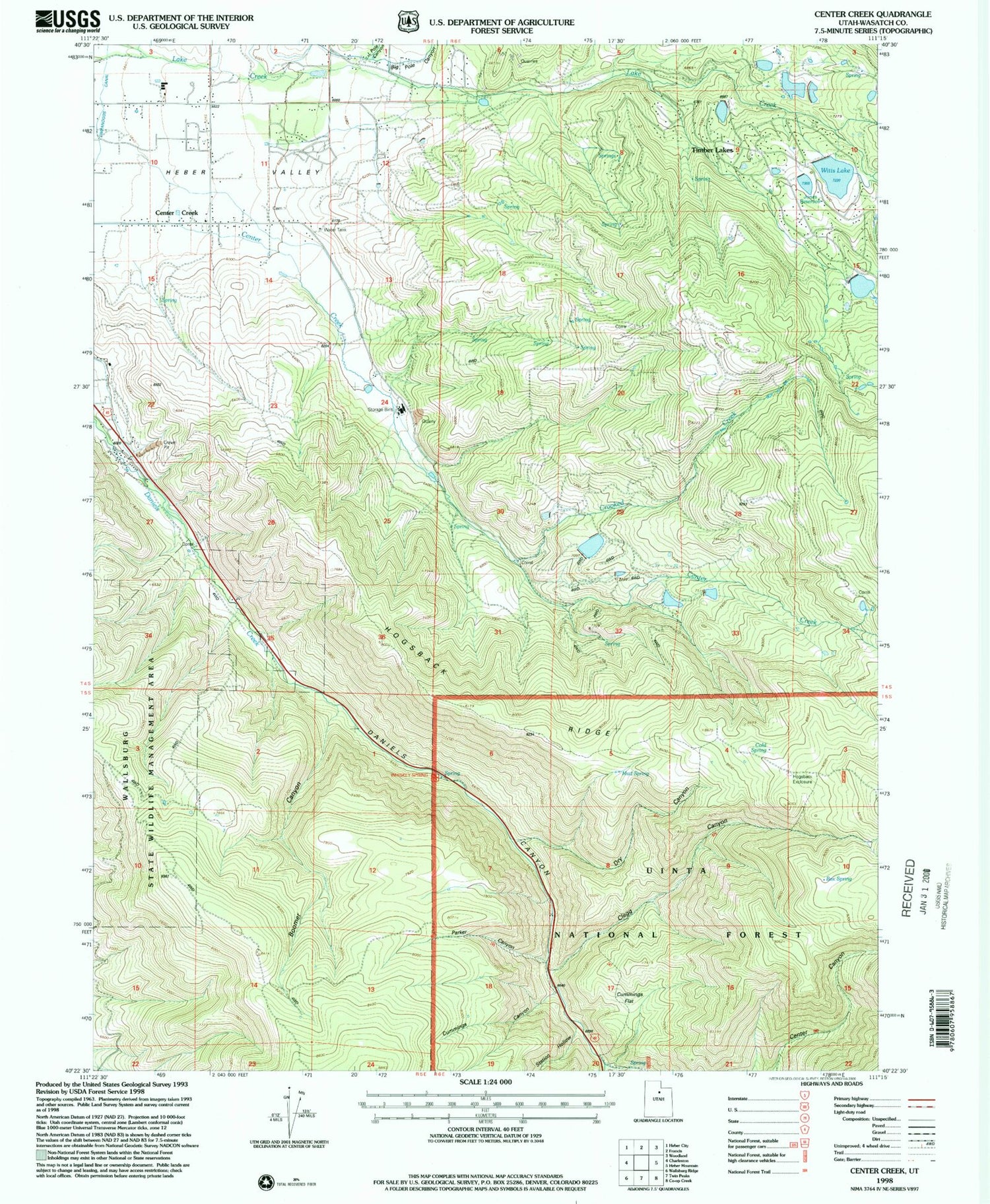 Classic USGS Center Creek Utah 7.5'x7.5' Topo Map Image