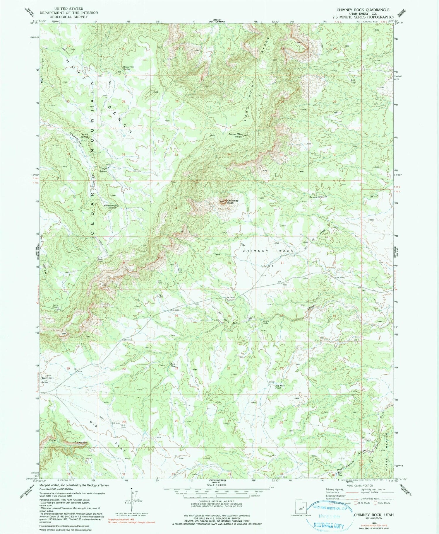Classic USGS Chimney Rock Utah 7.5'x7.5' Topo Map Image