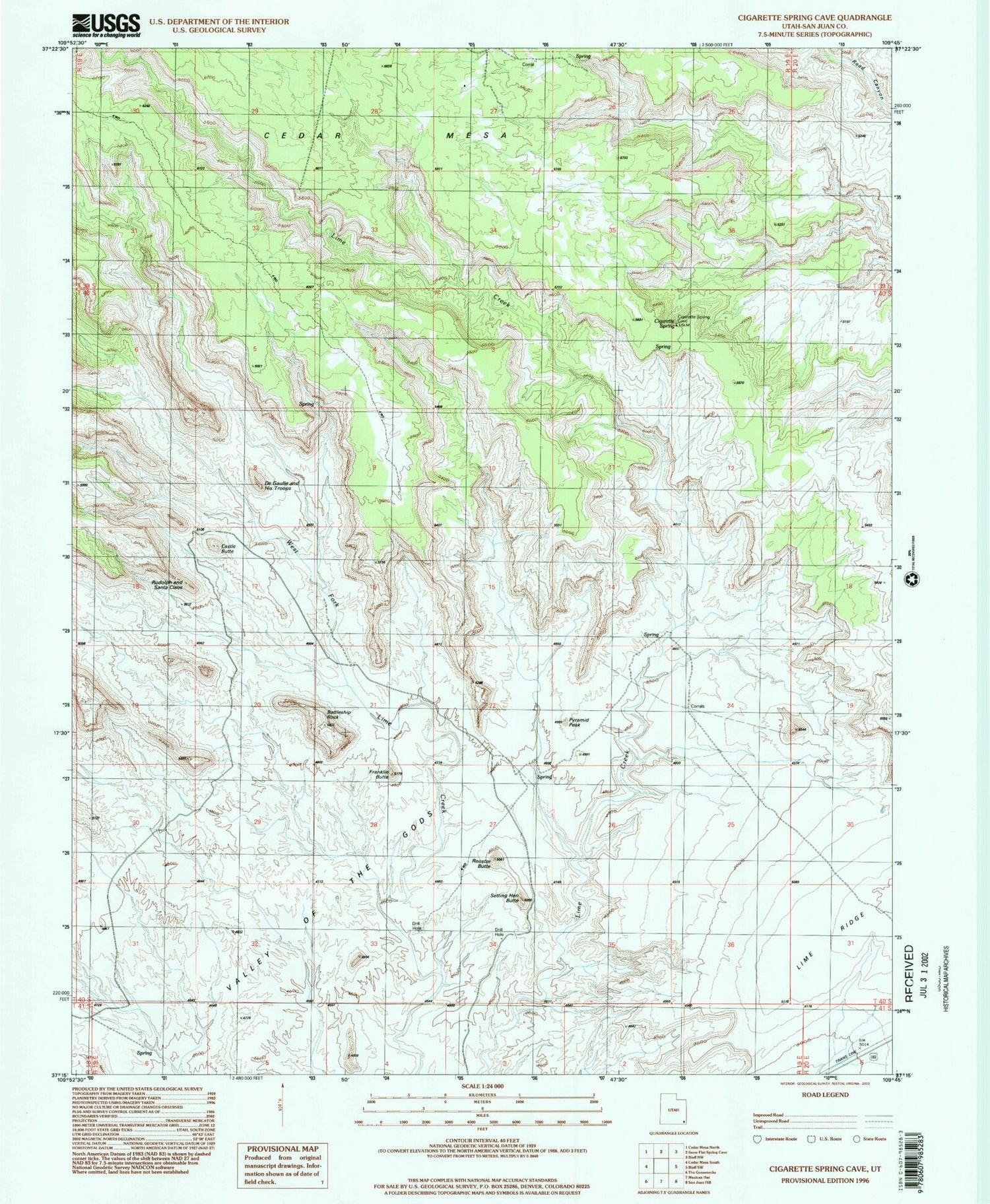 Classic USGS Cigarette Spring Cave Utah 7.5'x7.5' Topo Map Image