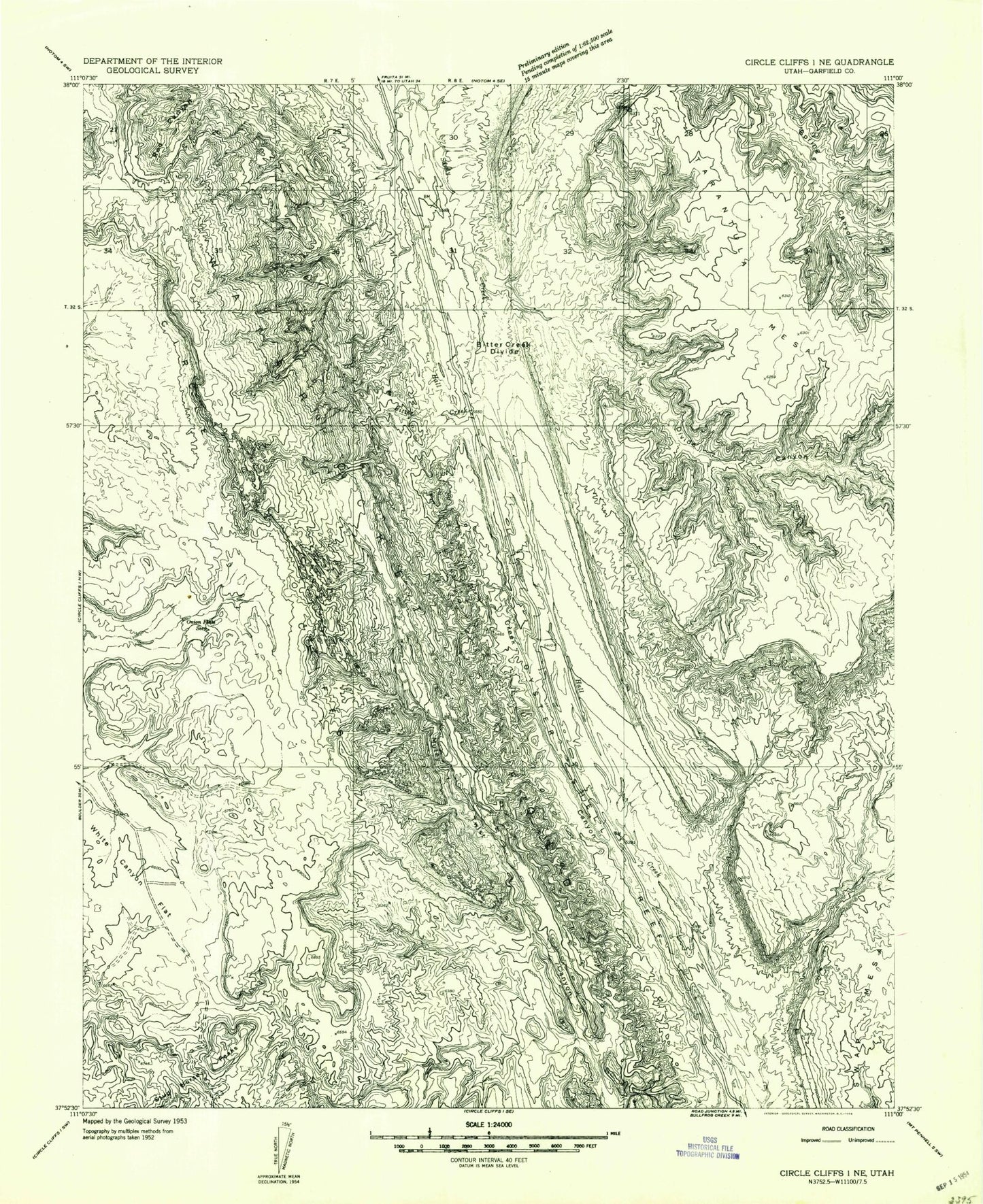 Classic USGS Bitter Creek Divide Utah 7.5'x7.5' Topo Map Image