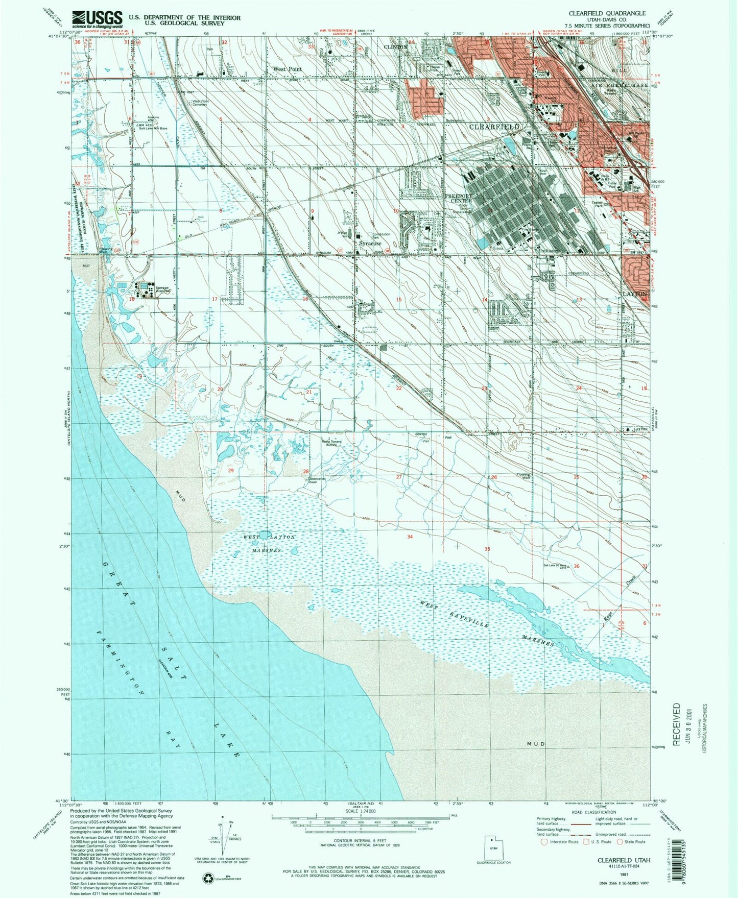 Classic USGS Clearfield Utah 7.5'x7.5' Topo Map Image
