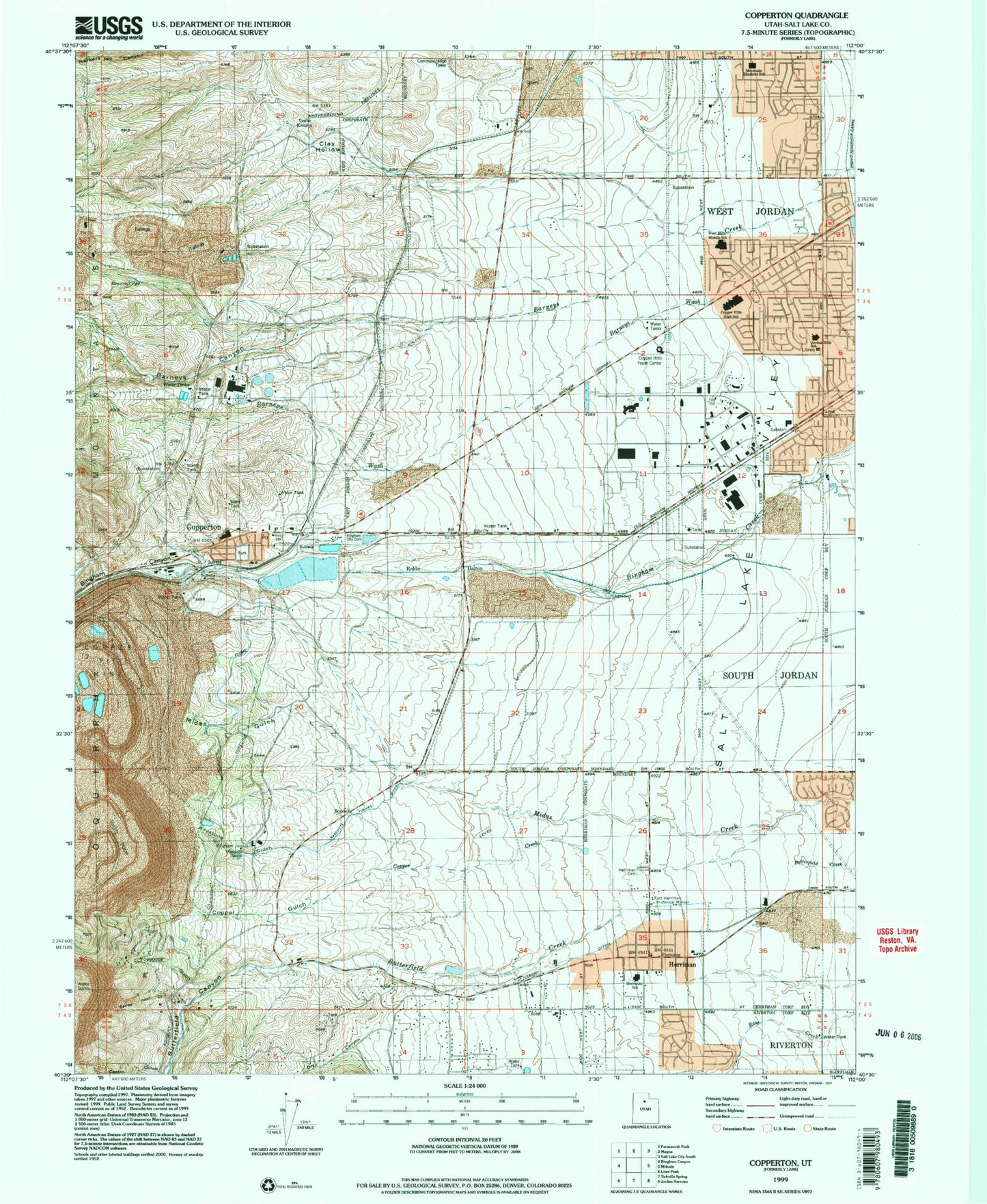 Classic USGS Copperton Utah 7.5'x7.5' Topo Map Image