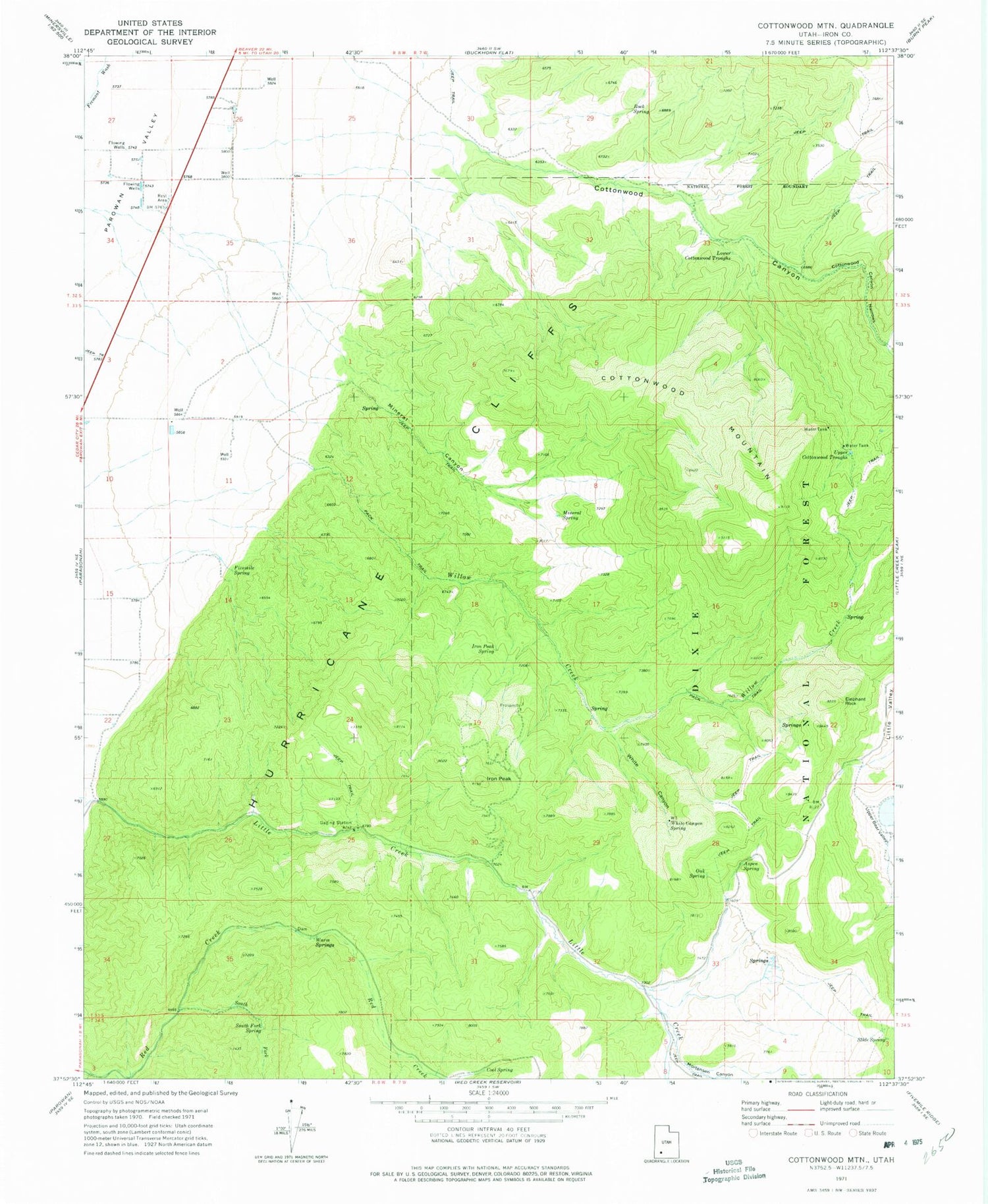 Classic USGS Cottonwood Mountain Utah 7.5'x7.5' Topo Map Image