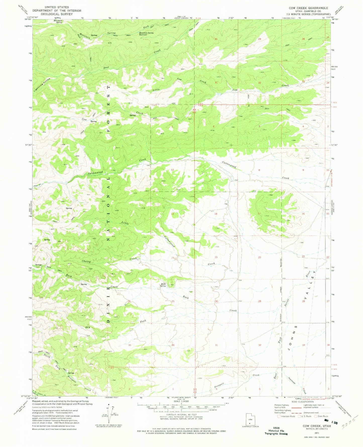 Classic USGS Cow Creek Utah 7.5'x7.5' Topo Map Image