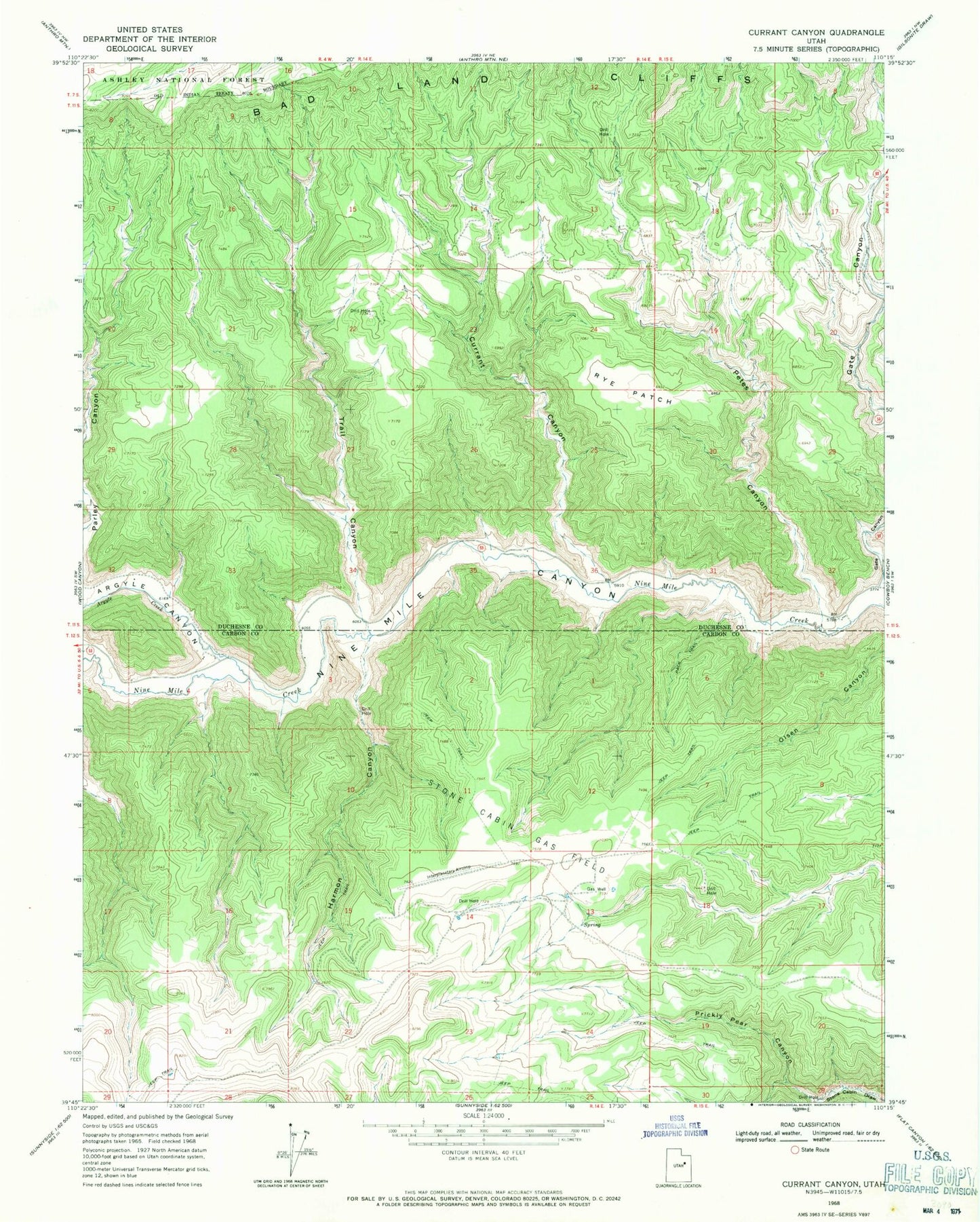 Classic USGS Currant Canyon Utah 7.5'x7.5' Topo Map Image